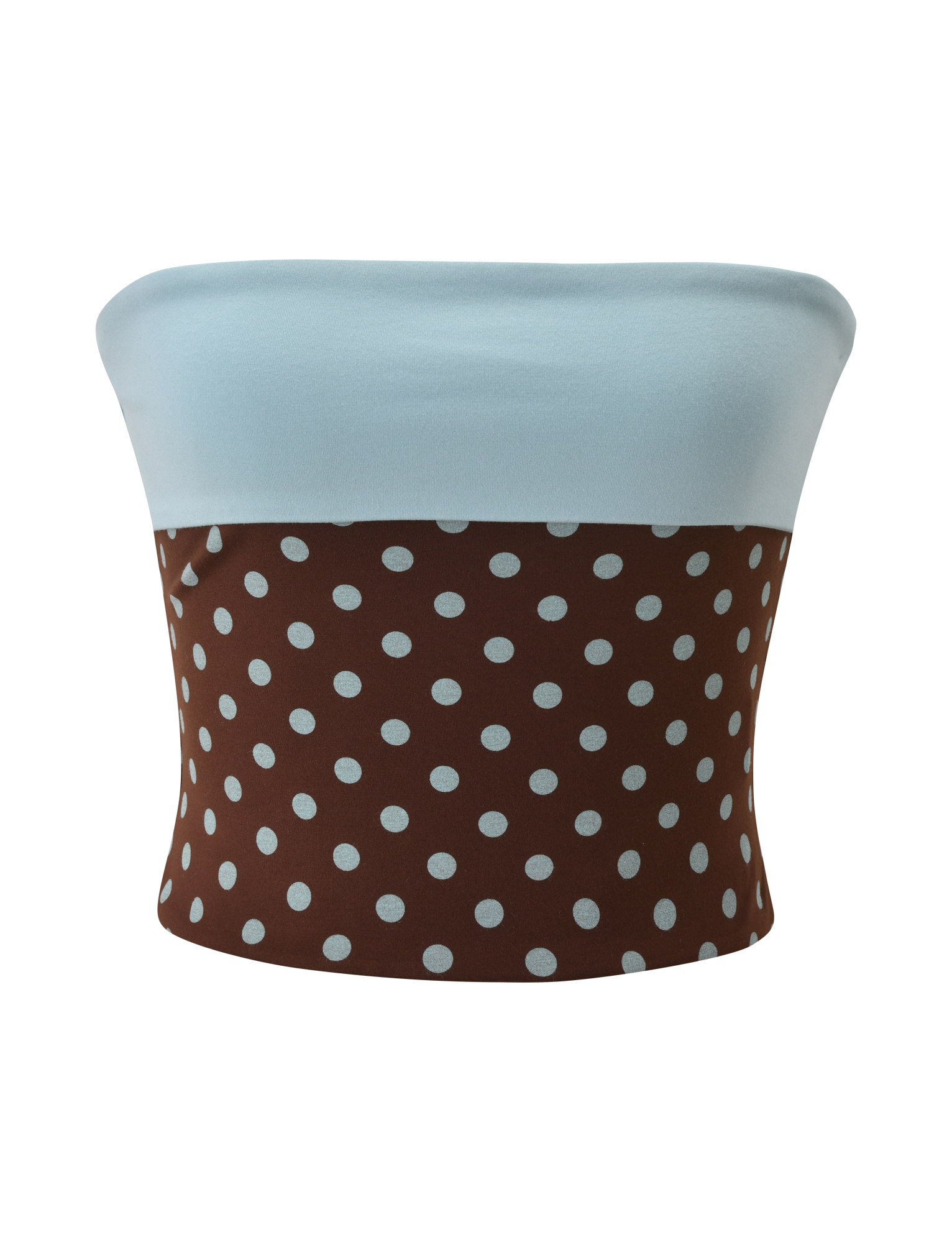 The TIGERMIST IMOGEN TUBE TOP - BROWN AND BLUE POLKA DOT is a strapless top with a light blue upper section and a brown lower section decorated with playful polka dots.