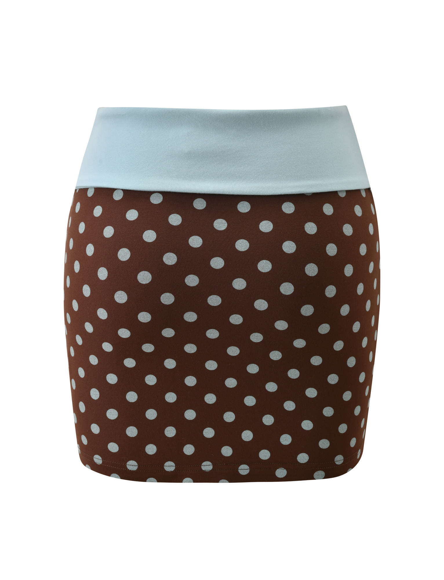 The TIGERMIST IMOGEN MINI SKIRT in brown and blue polka dot features a light blue waistband and playful spots, shown on a plain white background.