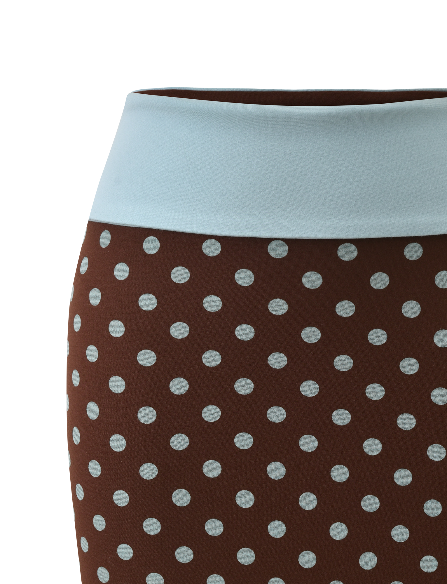 A close-up of the TIGERMIST IMOGEN MINI SKIRT - BROWN AND BLUE POLKA DOT, featuring a wide light blue waistband, shown against a plain white background.