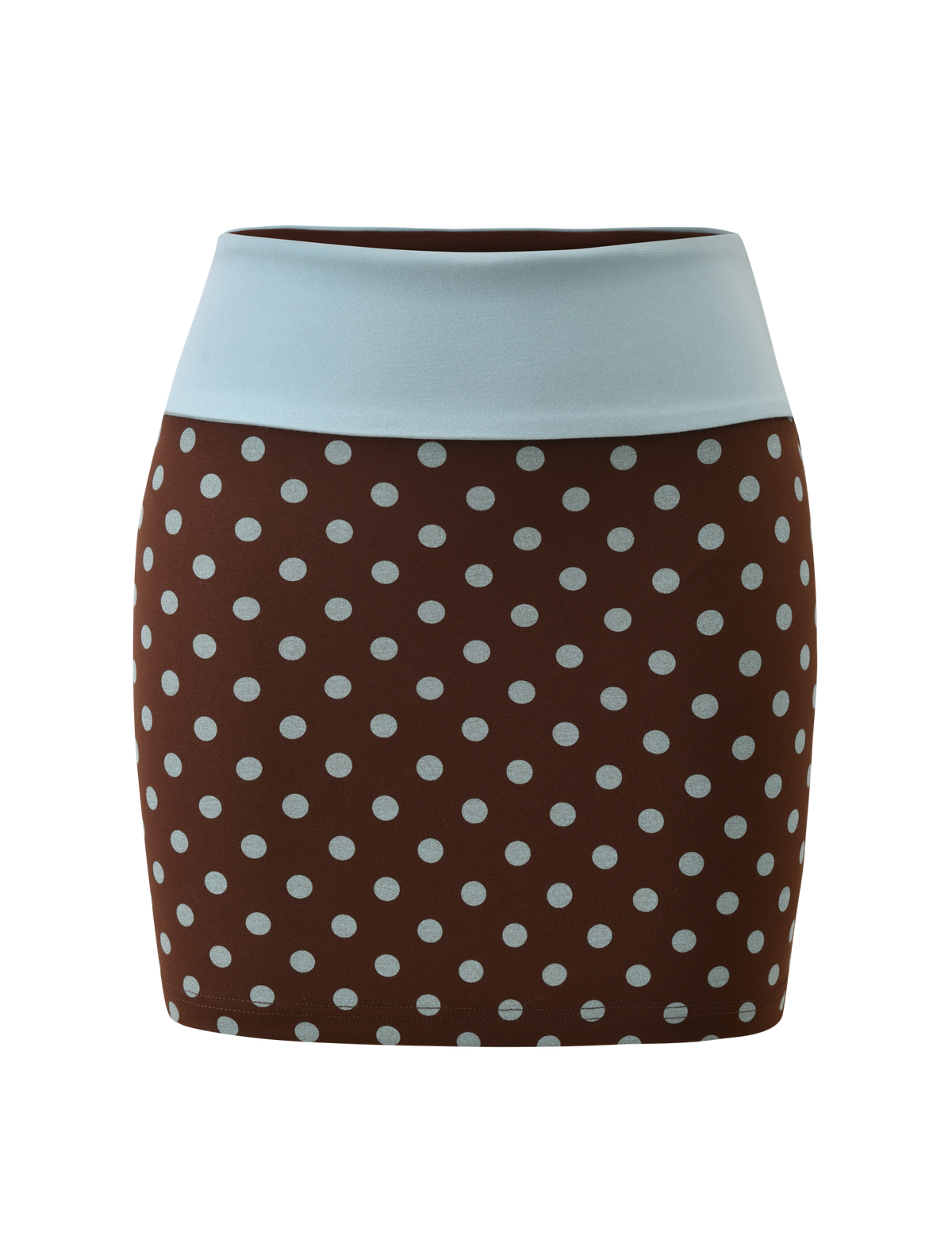 The TIGERMIST IMOGEN MINI SKIRT in brown and blue polka dot features a wide light blue waistband, shown against a plain white background.