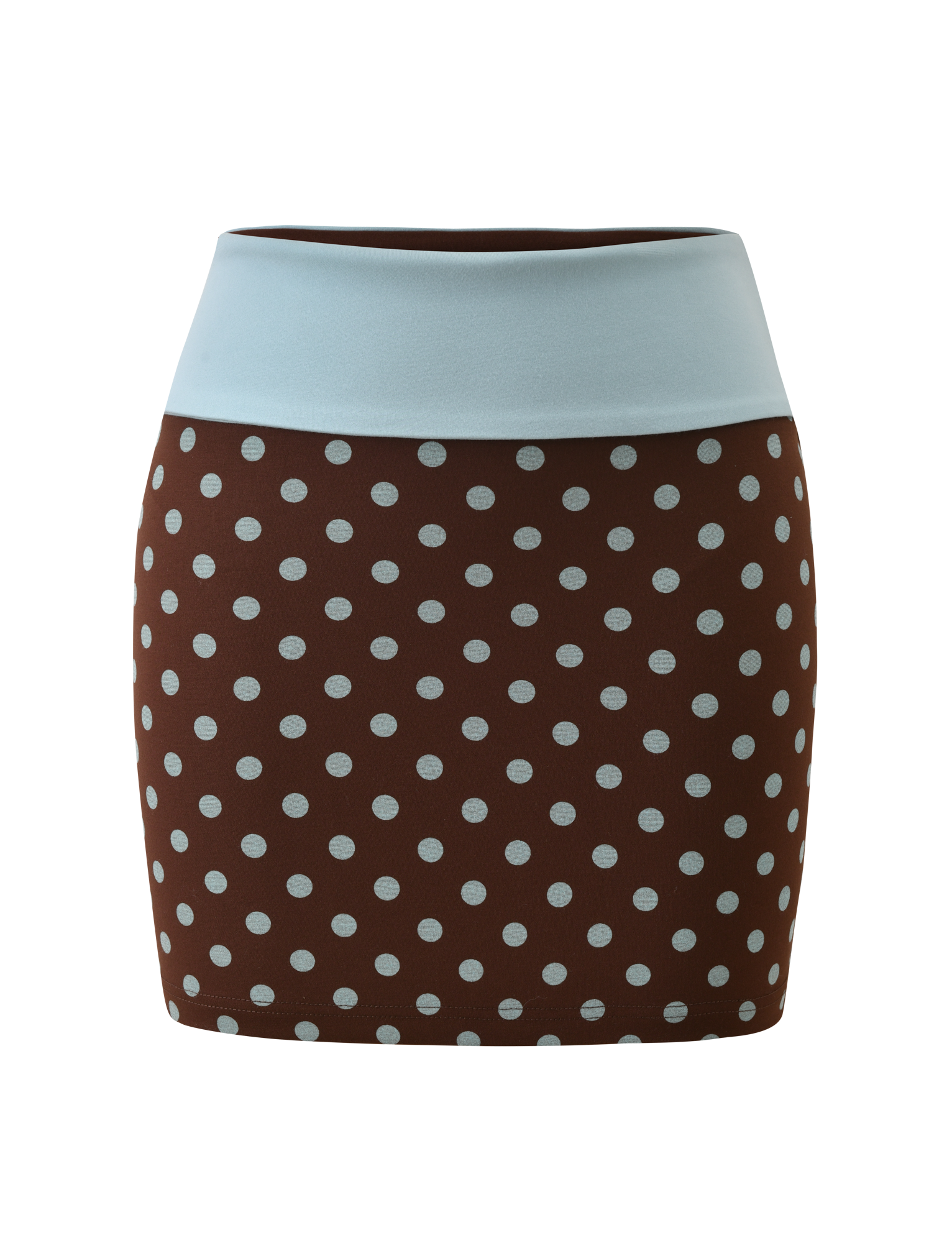 The TIGERMIST IMOGEN MINI SKIRT in brown and blue polka dot features a wide light blue waistband, shown against a plain white background.