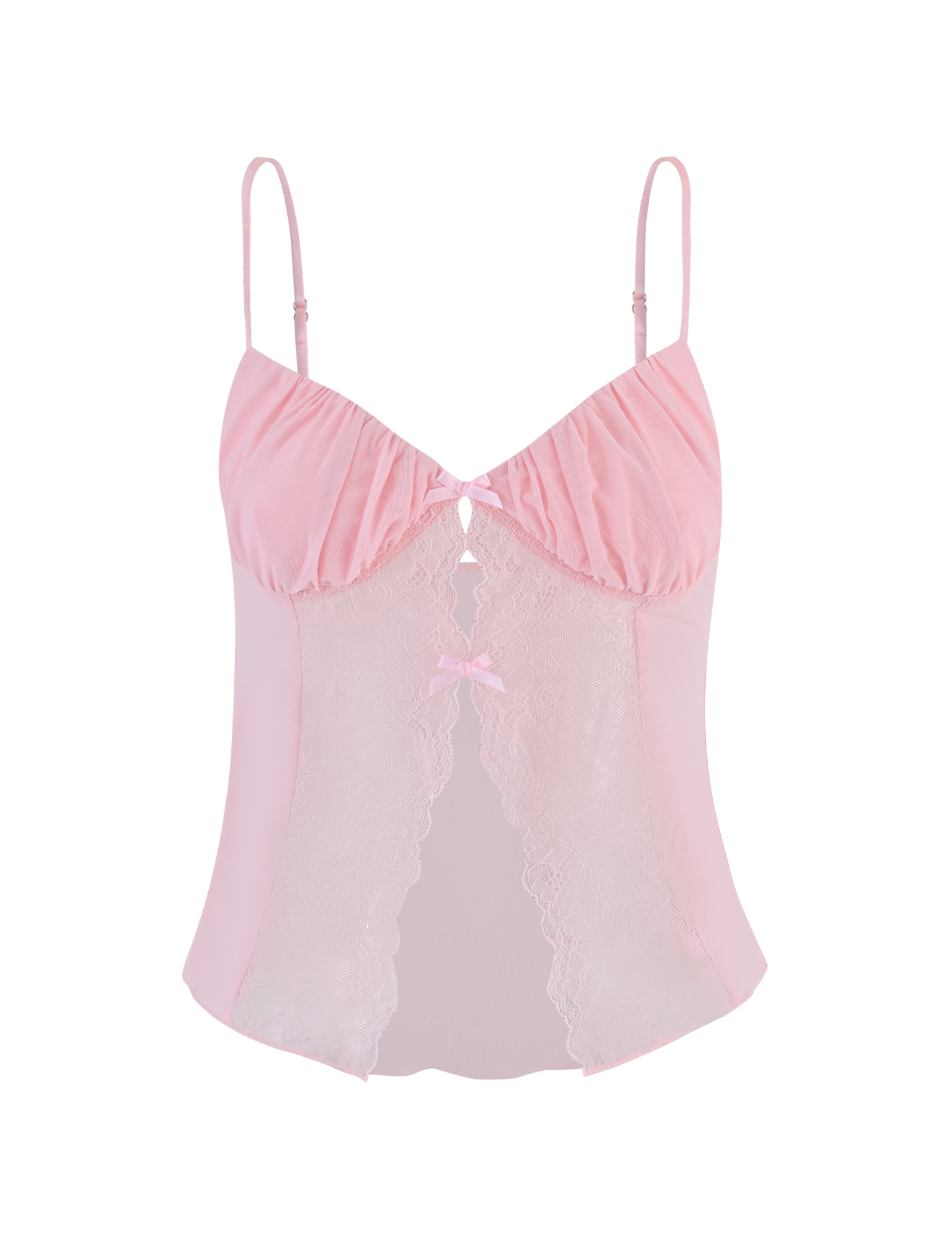 The TYSON TOP - BABY PINK by TIGERMIST features adjustable straps, ruched cups, lace front panels, and two satin bows—one at the bust and one at the midsection—shown against a plain white background.