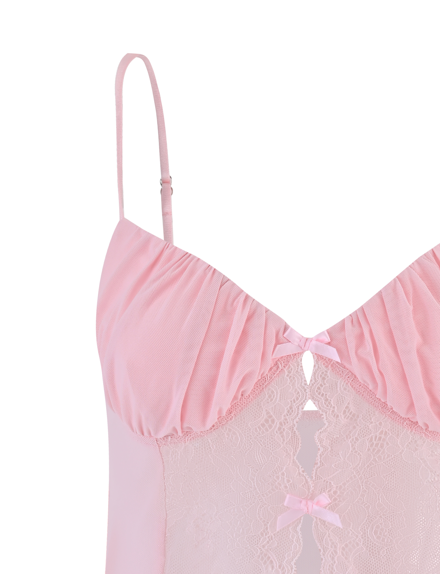 Close-up of the TIGERMIST TYSON TOP in baby pink, featuring satin bow trims, adjustable straps, sheer lace center detailing, and gathered cups.