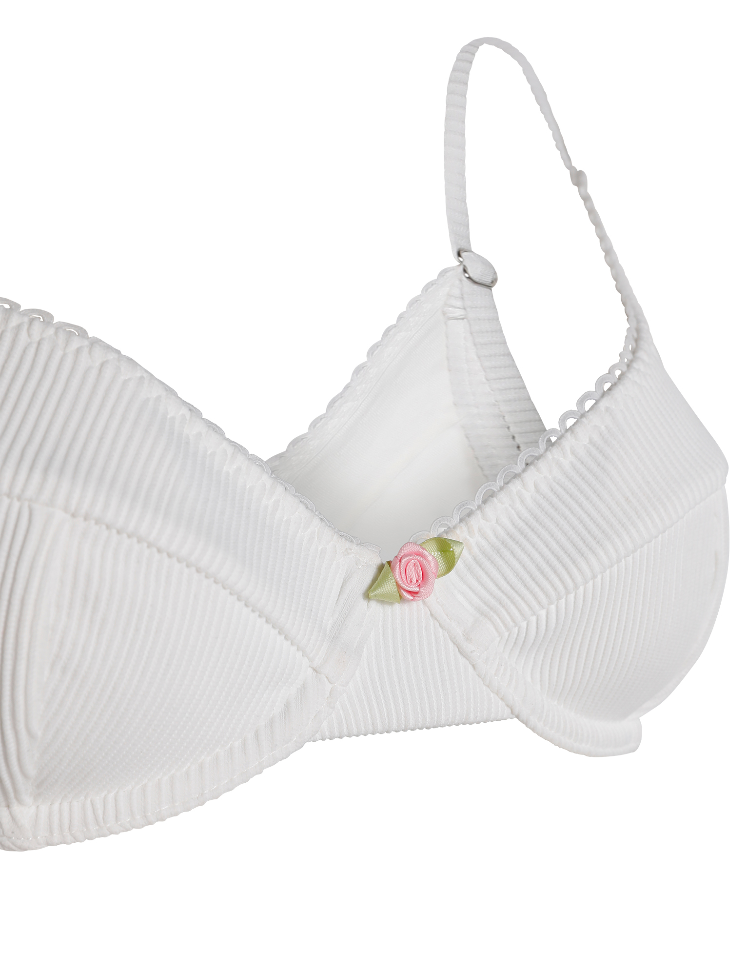 The MILANA BIKINI TOP - WHITE by TIGERMIST is a white ribbed balconette bikini top featuring scalloped edges, adjustable straps, underwire support, and a pink rose embellishment at the center front.