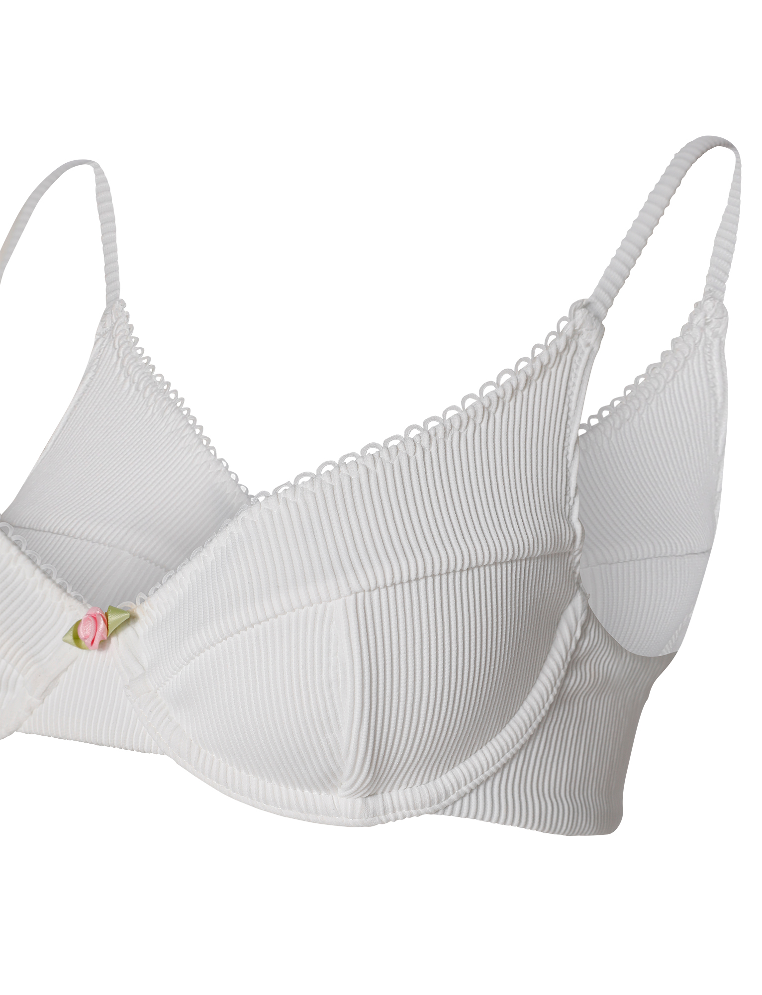 The MILANA BIKINI TOP - WHITE by TIGERMIST is a white ribbed balconette bikini top with underwire support, scalloped edges, adjustable straps, and a pink rose detail at the center.