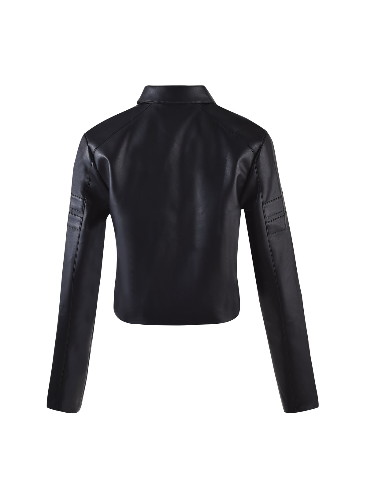 A TIGERMIST RYDER JACKET - BLACK, viewed from the back, featuring a tailored fit. The long sleeves have stitched detailing near the upper arms, and it sports a classic small fold-over collar. The smooth, glossy material enhances its modern look.