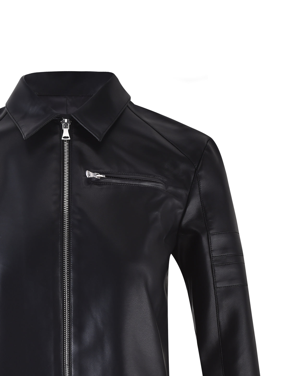 A close-up image of the RYDER JACKET - BLACK by TIGERMIST, featuring a front zipper, a zipped breast pocket on the left side, and a classic collar. The jacket boasts a sleek design with quilting details on the sleeves near the shoulders.