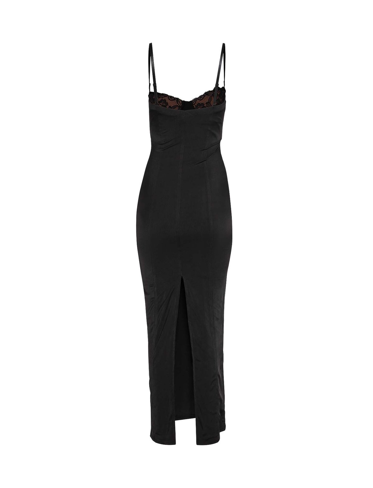 The ALLURA MAXI DRESS - BLACK by TIGERMIST features a sleeveless bodycon fit, thin spaghetti straps, lace-trimmed neckline, and a front slit at the hem, shown against a white background.