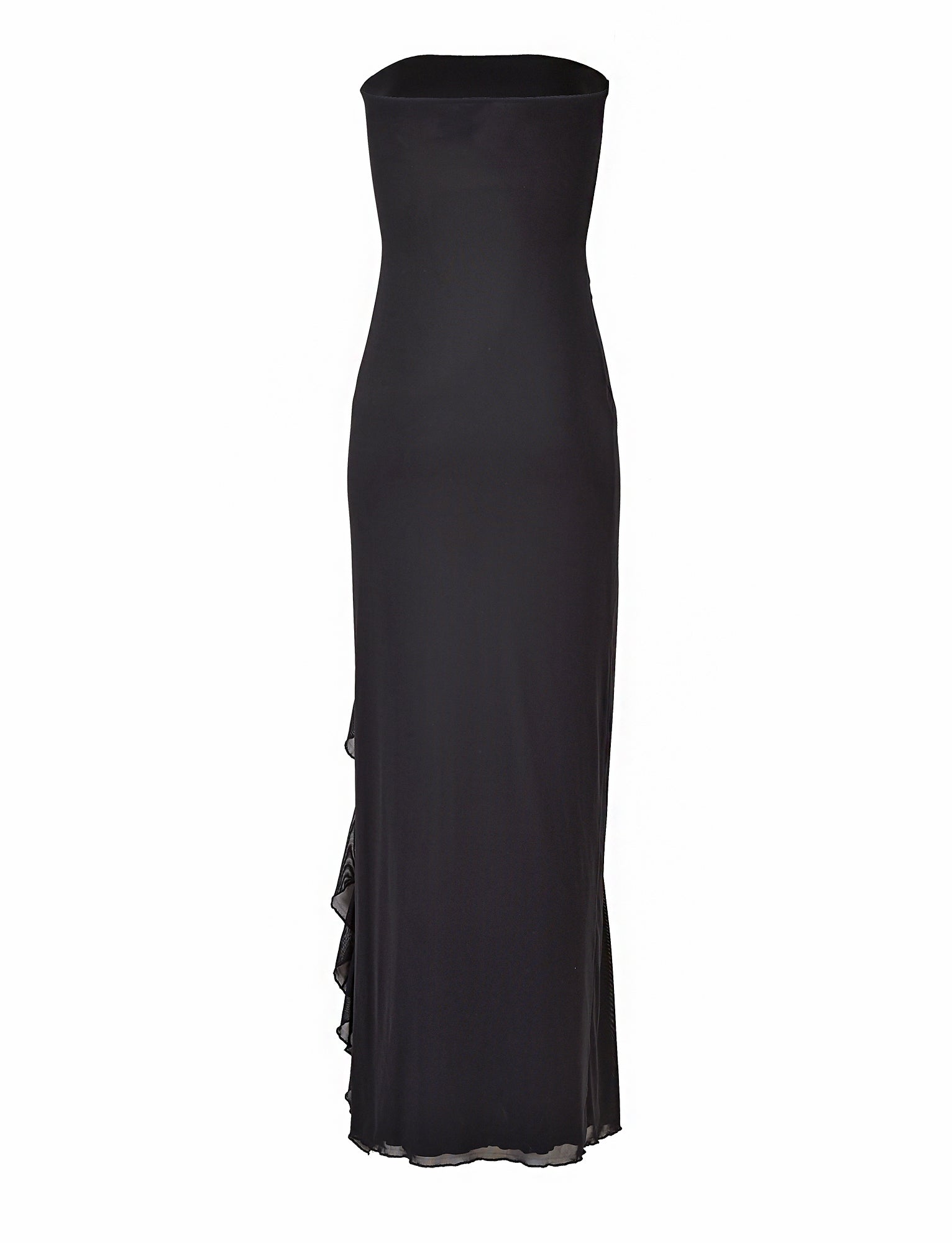 A strapless, floor-length evening gown in black with a fitted bodice and a straight silhouette. THEO MAXI DRESS - BLACK by TIGERMIST showcases a simple, elegant design devoid of visible embellishments, capturing the brand's sleek sophistication. The material is smooth with a hint of sheerness near the hem.
