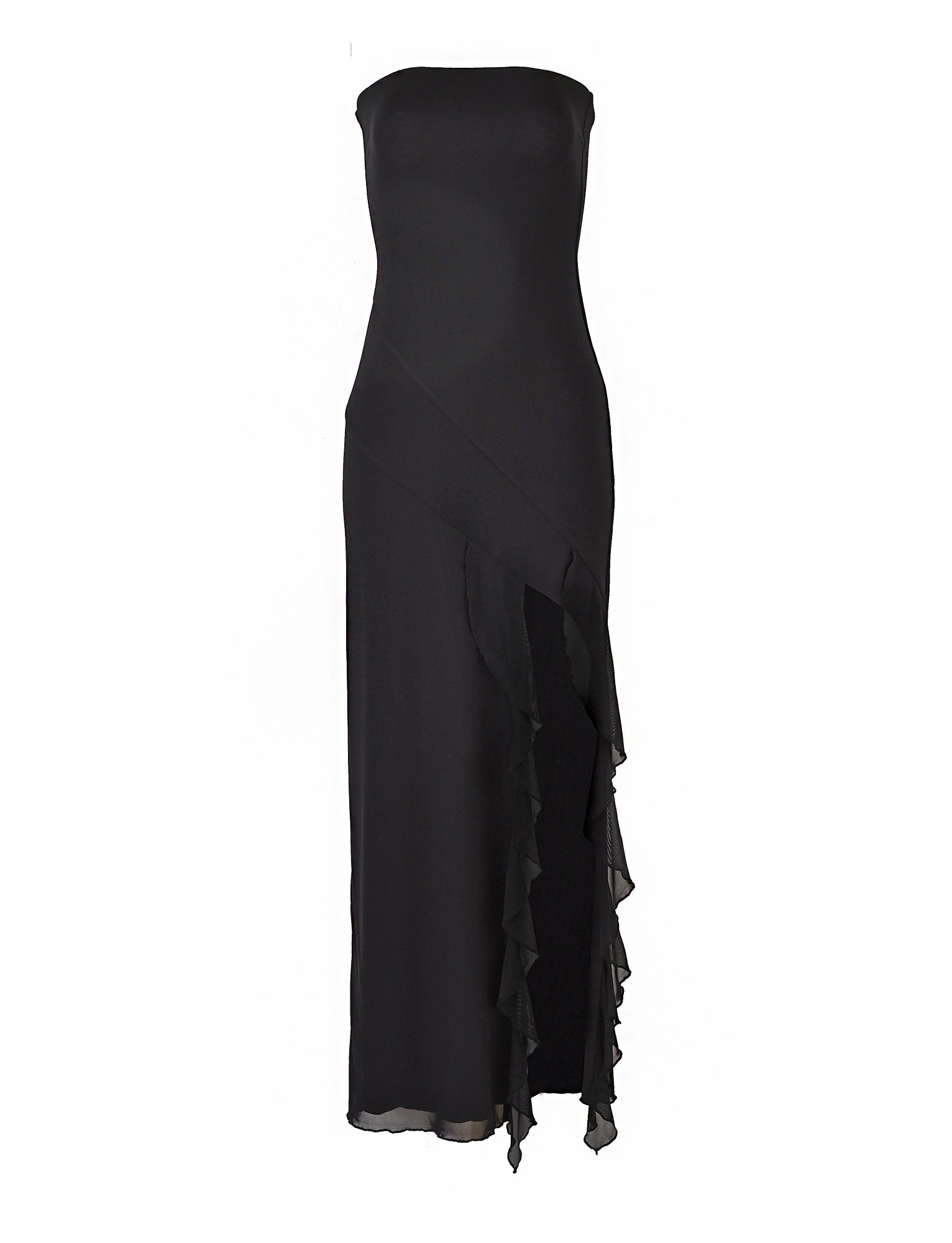The Theo Maxi Dress from Tigermist is a strapless black evening gown that features a fitted bodice and a flowing skirt with an asymmetrical ruffled slit. The elegant dress has a smooth, sleek appearance, making it ideal for formal occasions.