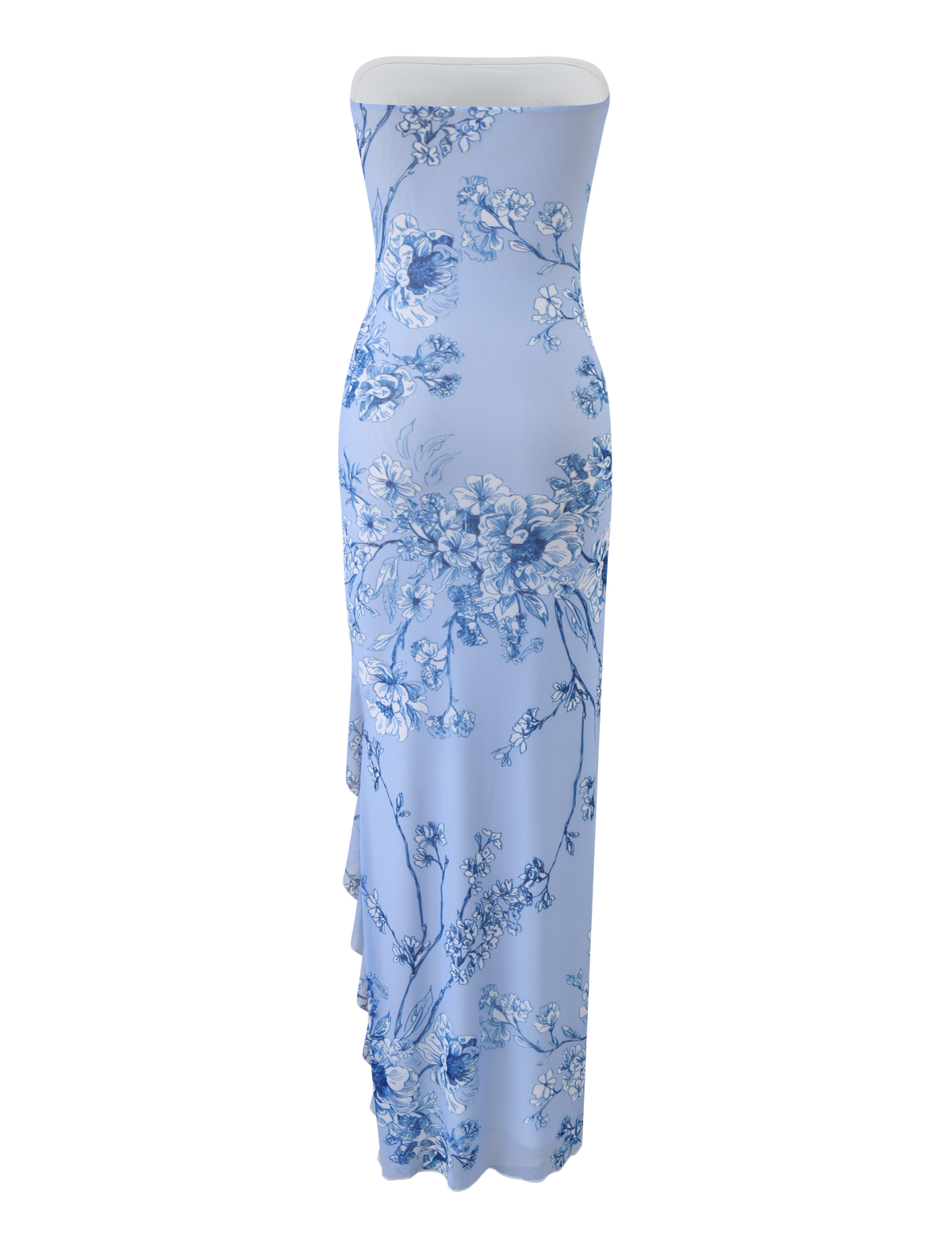 The THEO MAXI DRESS - BLUE FLORAL by TIGERMIST is a strapless mesh bandeau maxi dress in light blue with white and blue floral print, a fitted silhouette, floor-length drape, and elegant style.