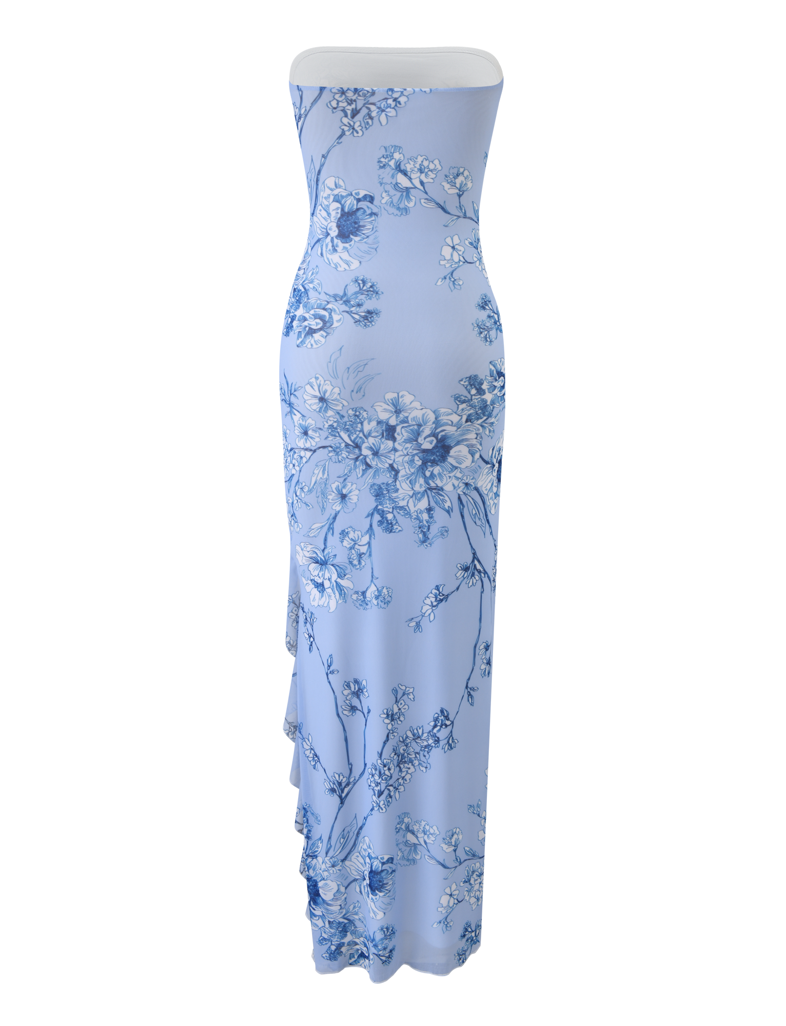 The THEO MAXI DRESS - BLUE FLORAL by TIGERMIST is a strapless mesh bandeau maxi dress in light blue with white and blue floral print, a fitted silhouette, floor-length drape, and elegant style.