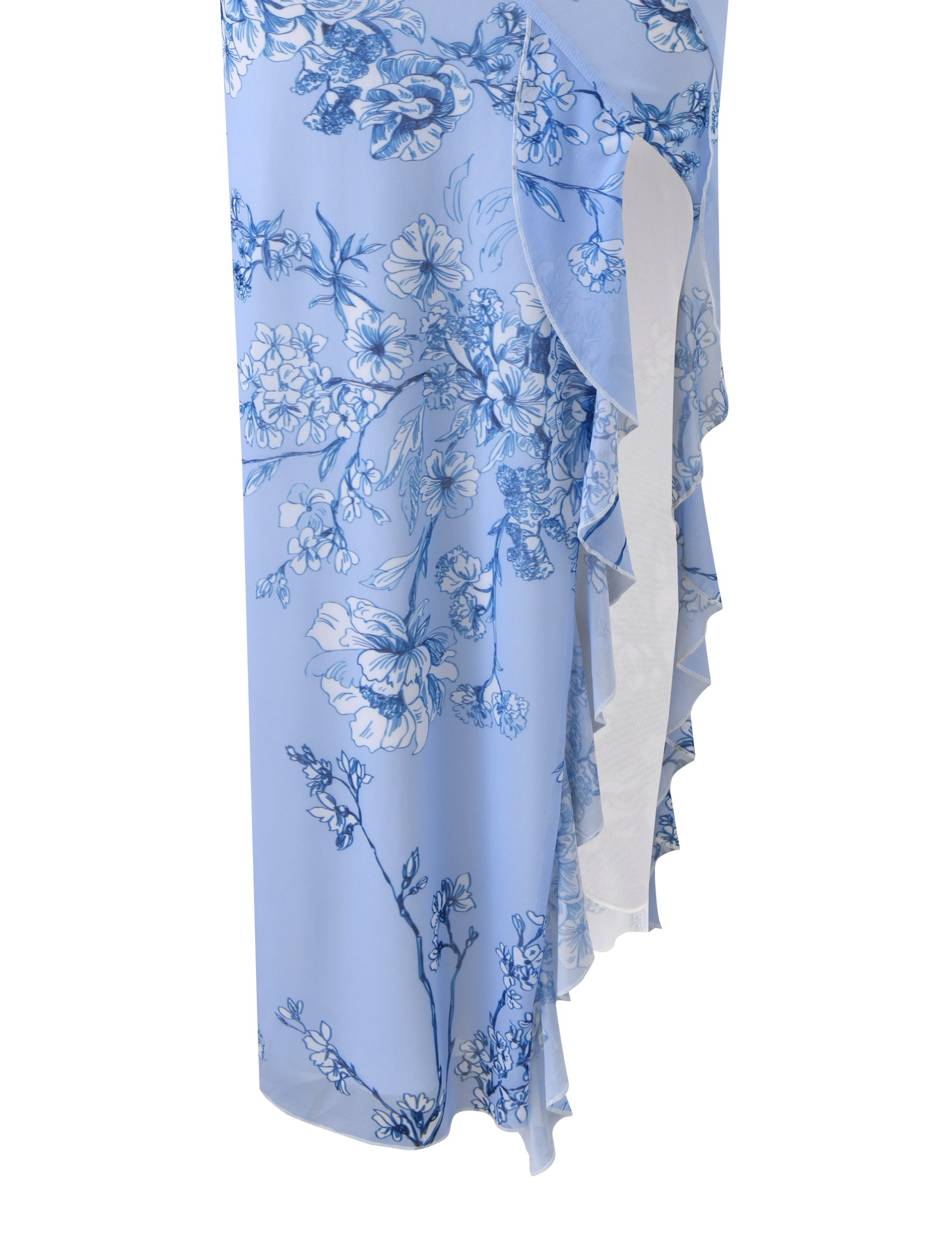 A close-up of TIGERMIST's THEO MAXI DRESS in blue floral, featuring a white and blue pattern, cascading side ruffles, and a subtle thigh-high split for added elegance.