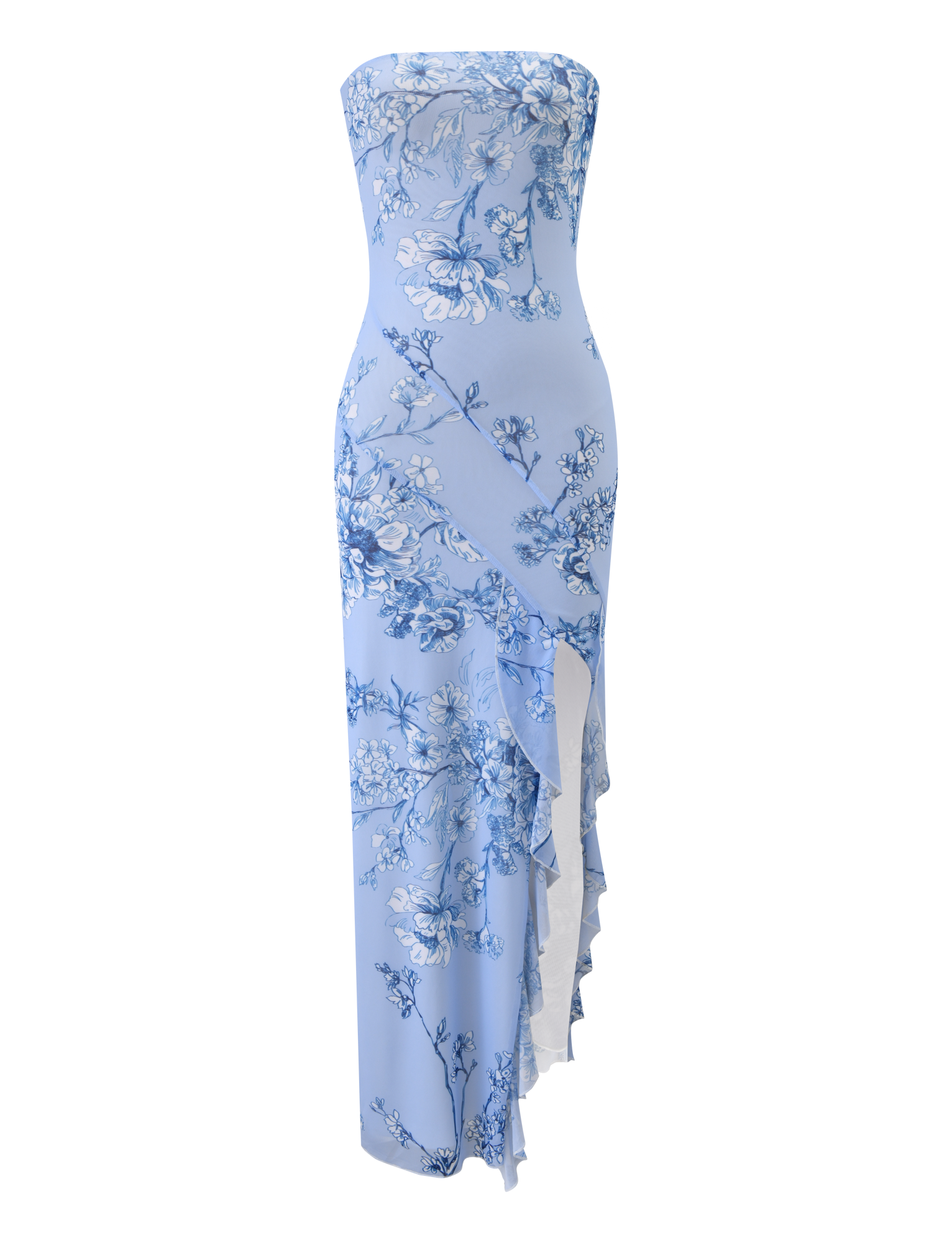 The TIGERMIST THEO MAXI DRESS - BLUE FLORAL is a strapless, light blue mesh bandeau maxi dress with a fitted silhouette, blue floral print, and asymmetrical ruffled detailing on the skirt.