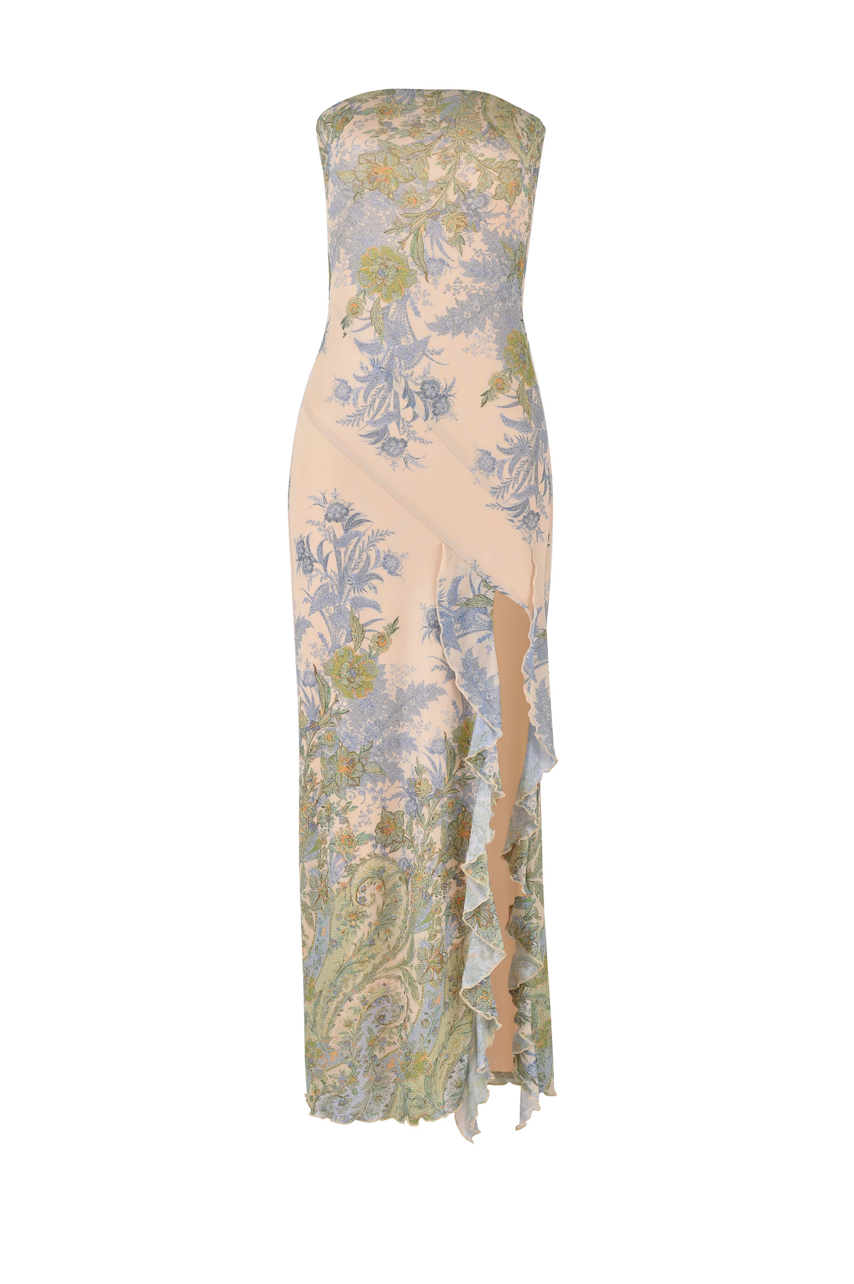 The THEO MAXI DRESS - MULTI : PAISLEY : TAPESTRY by TIGERMIST is a strapless, floor-length mesh bandeau maxi with a paisley tapestry print, asymmetrical ruffled hem, and diagonal overlay for a modern, elegant look.