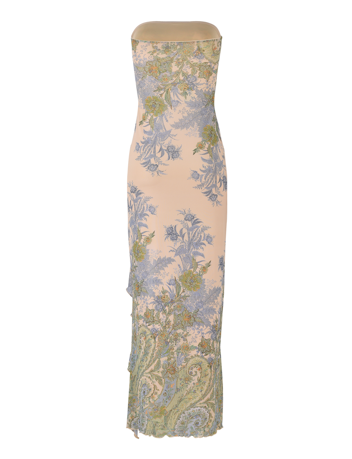 The TIGERMIST THEO MAXI DRESS - MULTI : PAISLEY : TAPESTRY is a strapless, floor-length mesh bandeau dress with a beige base and blue-green paisley tapestry print, featuring a fitted silhouette and slight flare at the hem.