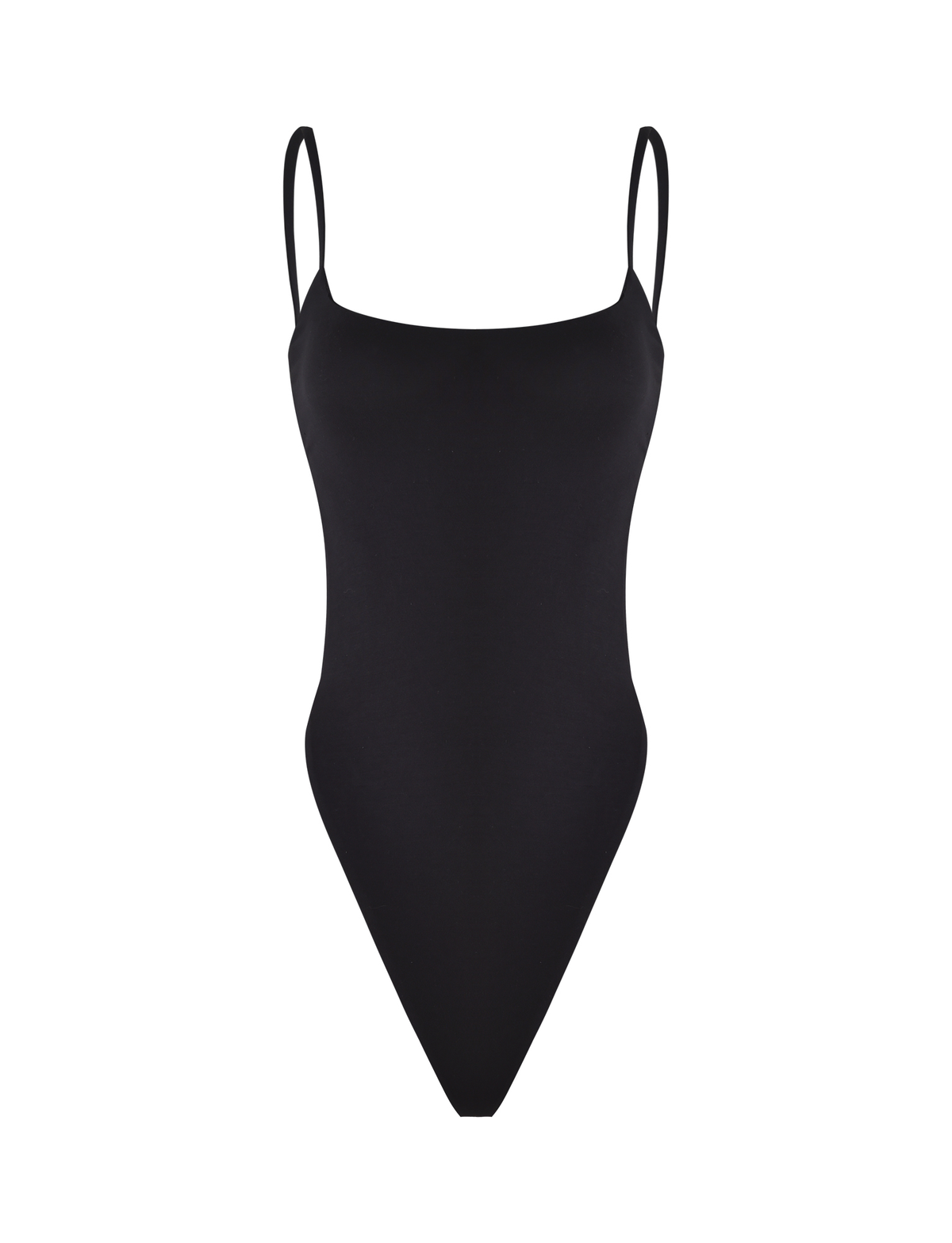 The TIGERMIST MINERVA BODYSUIT in black features a bodycon fit, thin shoulder straps, and a high-cut leg. Displayed on a white background.