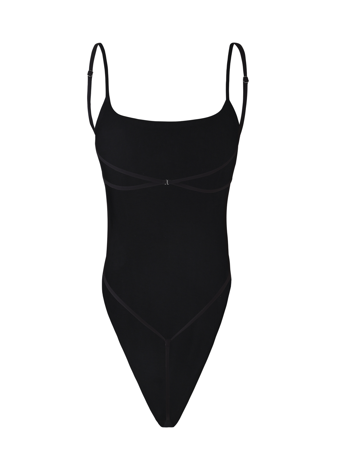 The TIGERMIST MINERVA BODYSUIT in black features a bodycon fit with thin adjustable shoulder straps, a scoop neckline, and high-cut leg openings, shown against a white background.