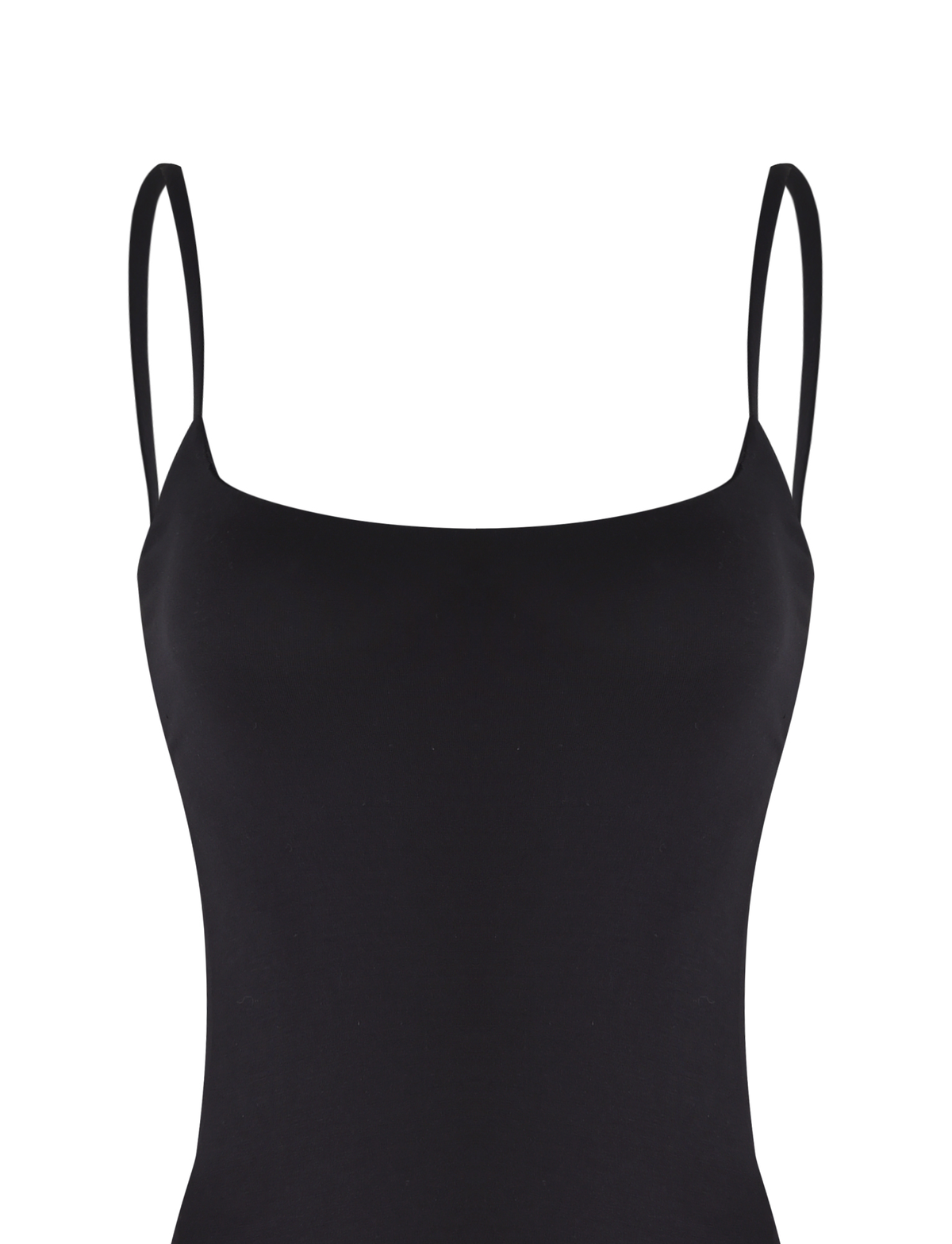 A close-up of the TIGERMIST MINERVA BODYSUIT in black, featuring a sleeveless design with thin spaghetti straps and a bodycon fit, shown against a plain white background.