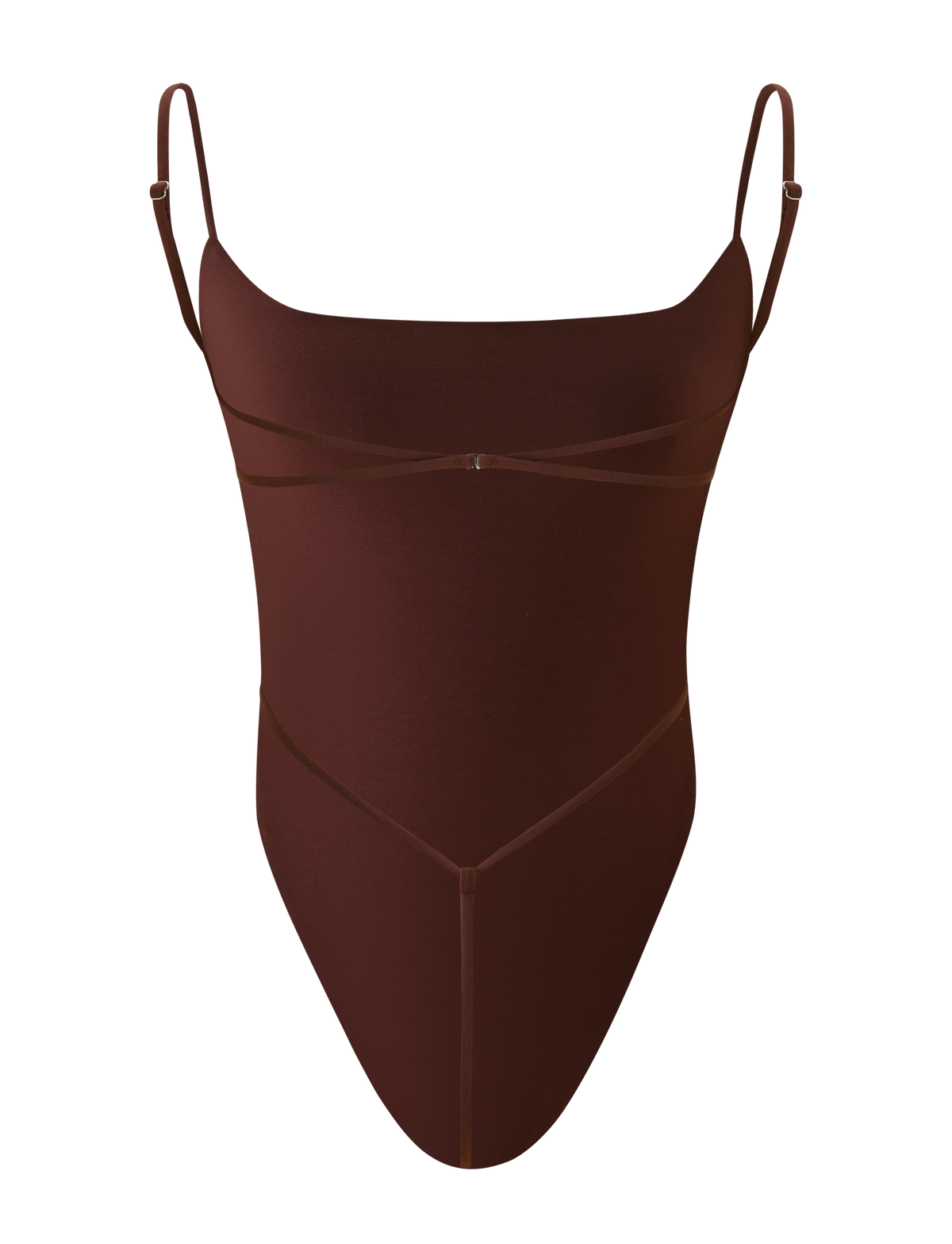 The MINERVA BODYSUIT - CHOCOLATE by TIGERMIST is a chocolate brown, sleeveless, backless bodysuit with thin adjustable straps, minimalist seam detailing, and a G string bottom, shown on a plain white background.