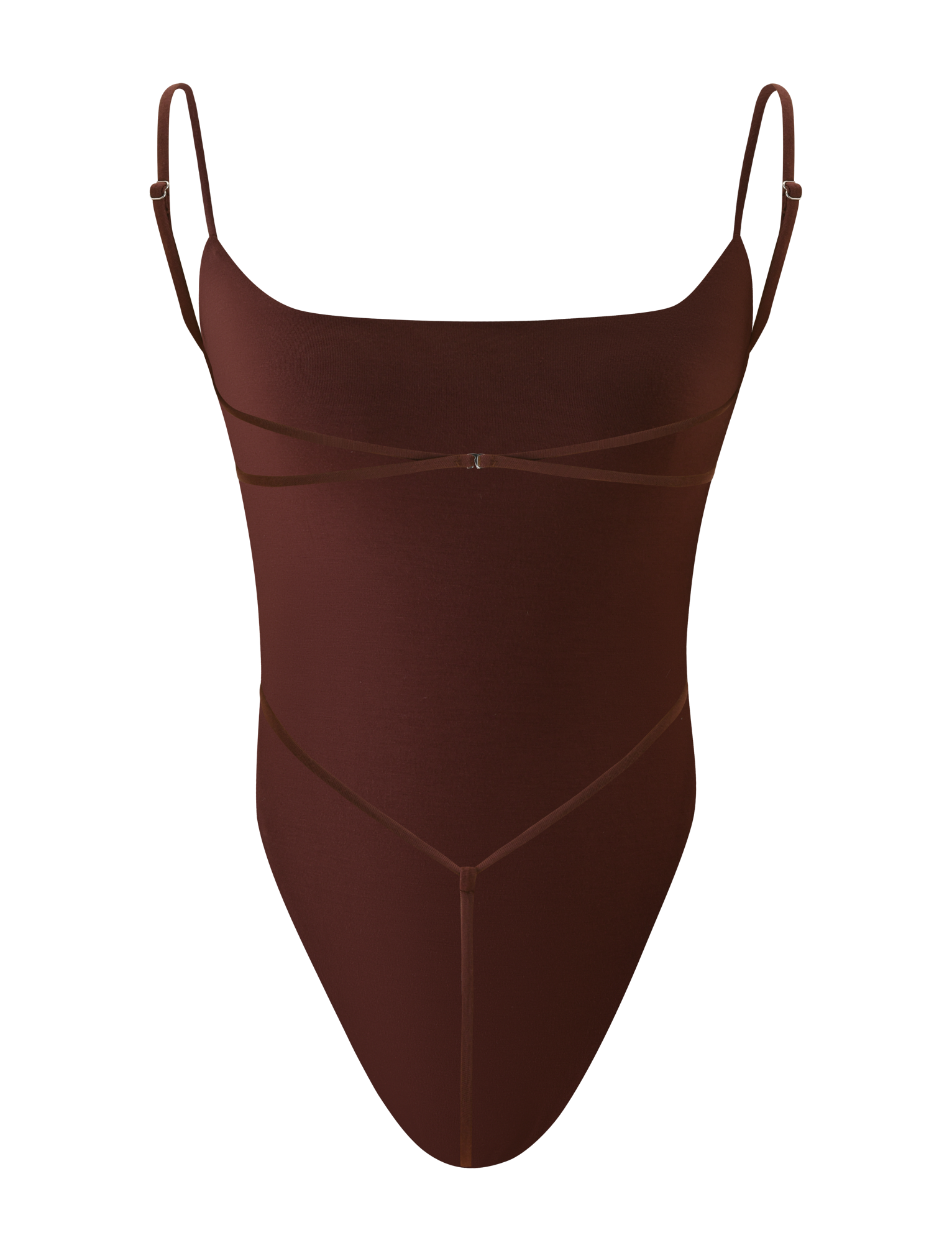 The MINERVA BODYSUIT - CHOCOLATE by TIGERMIST is a chocolate brown, sleeveless, backless bodysuit with thin adjustable straps, minimalist seam detailing, and a G string bottom, shown on a plain white background.
