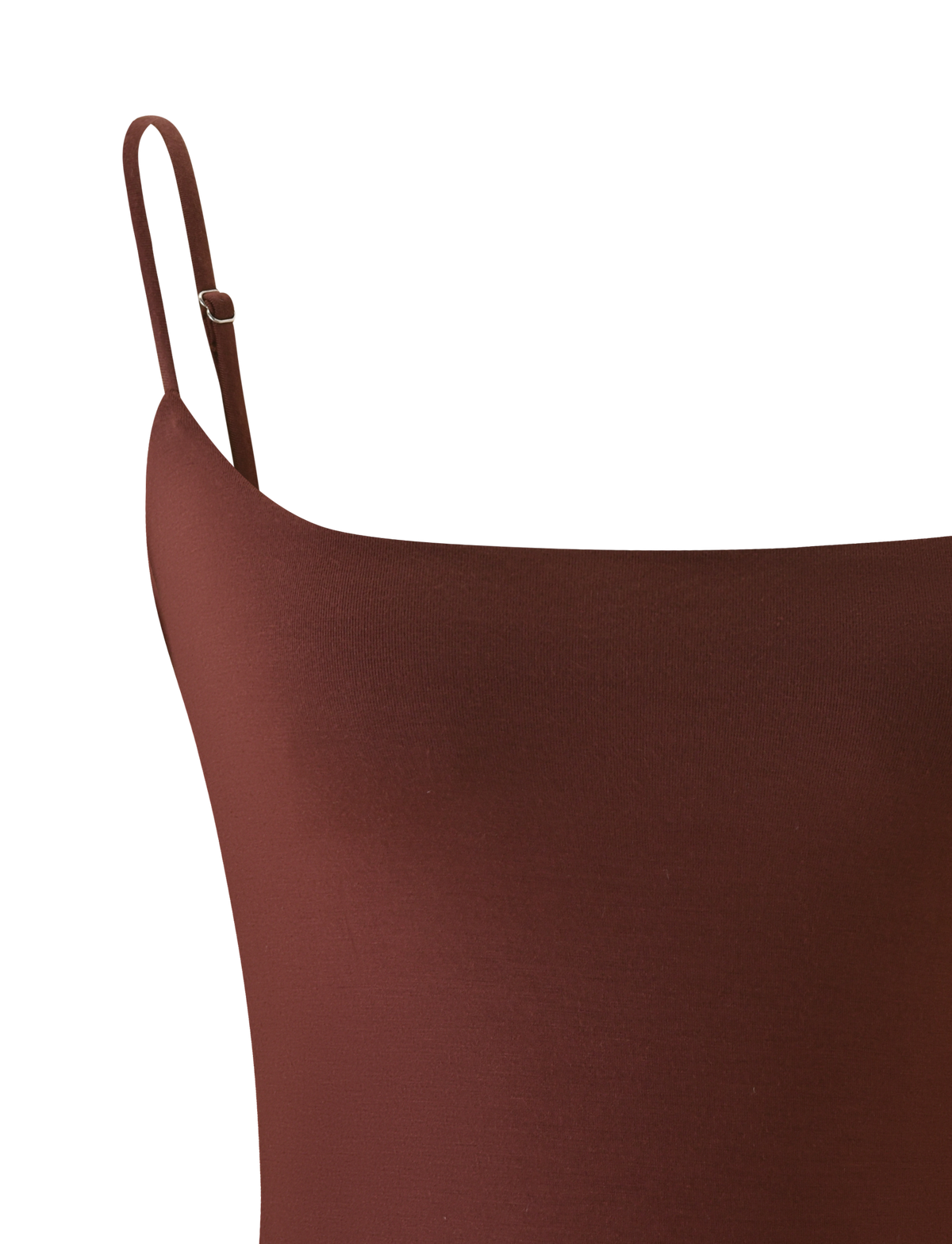 The MINERVA BODYSUIT by TIGERMIST in chocolate features thin adjustable spaghetti straps and a sleek backless design, shown close-up against a white background.