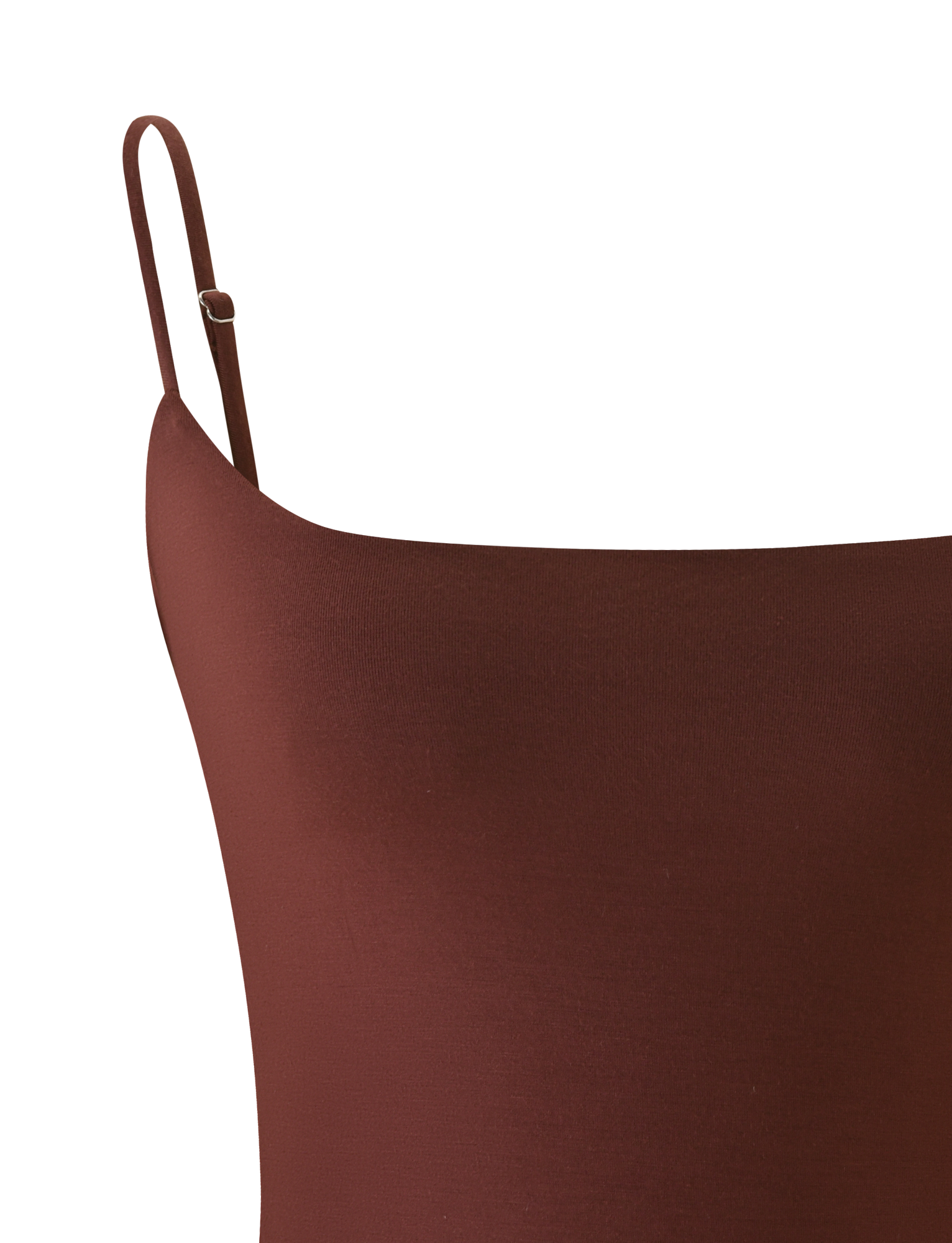 The MINERVA BODYSUIT by TIGERMIST in chocolate features thin adjustable spaghetti straps and a sleek backless design, shown close-up against a white background.