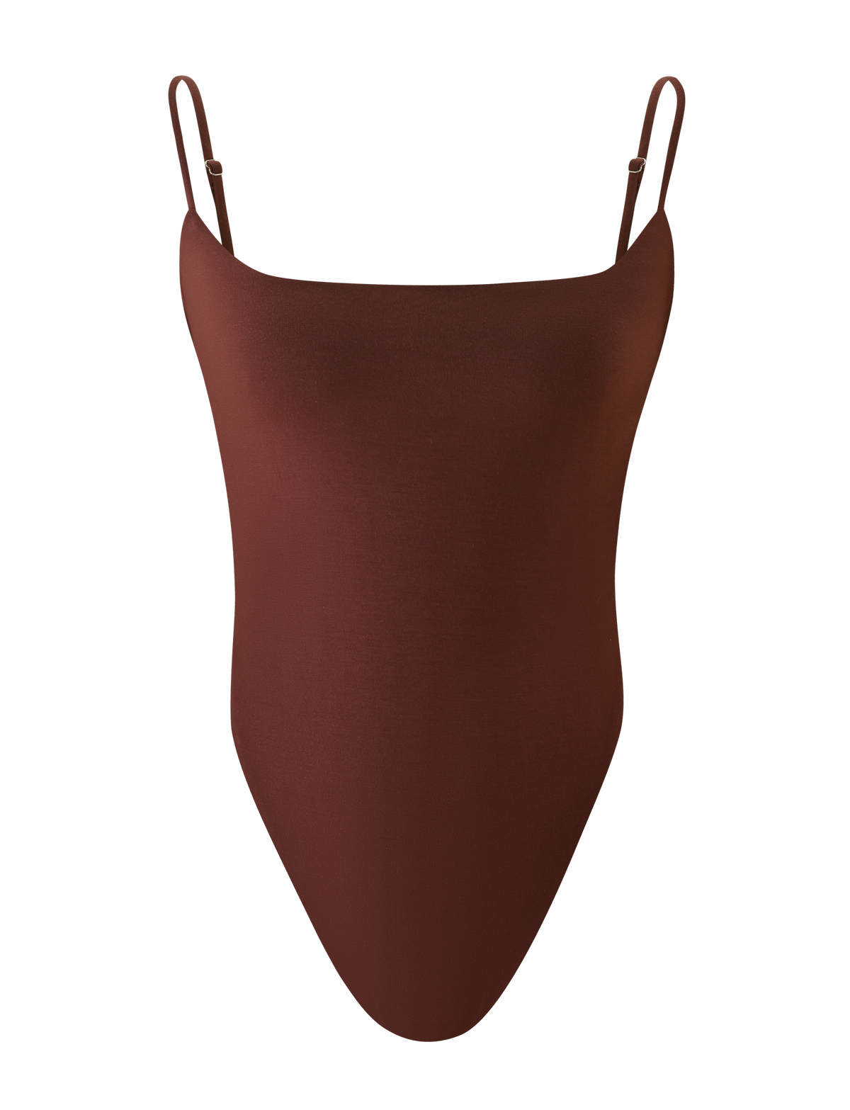 The TIGERMIST MINERVA BODYSUIT in chocolate is a sleeveless, backless one-piece with thin adjustable straps and a G-string bottom, shown against a white background.