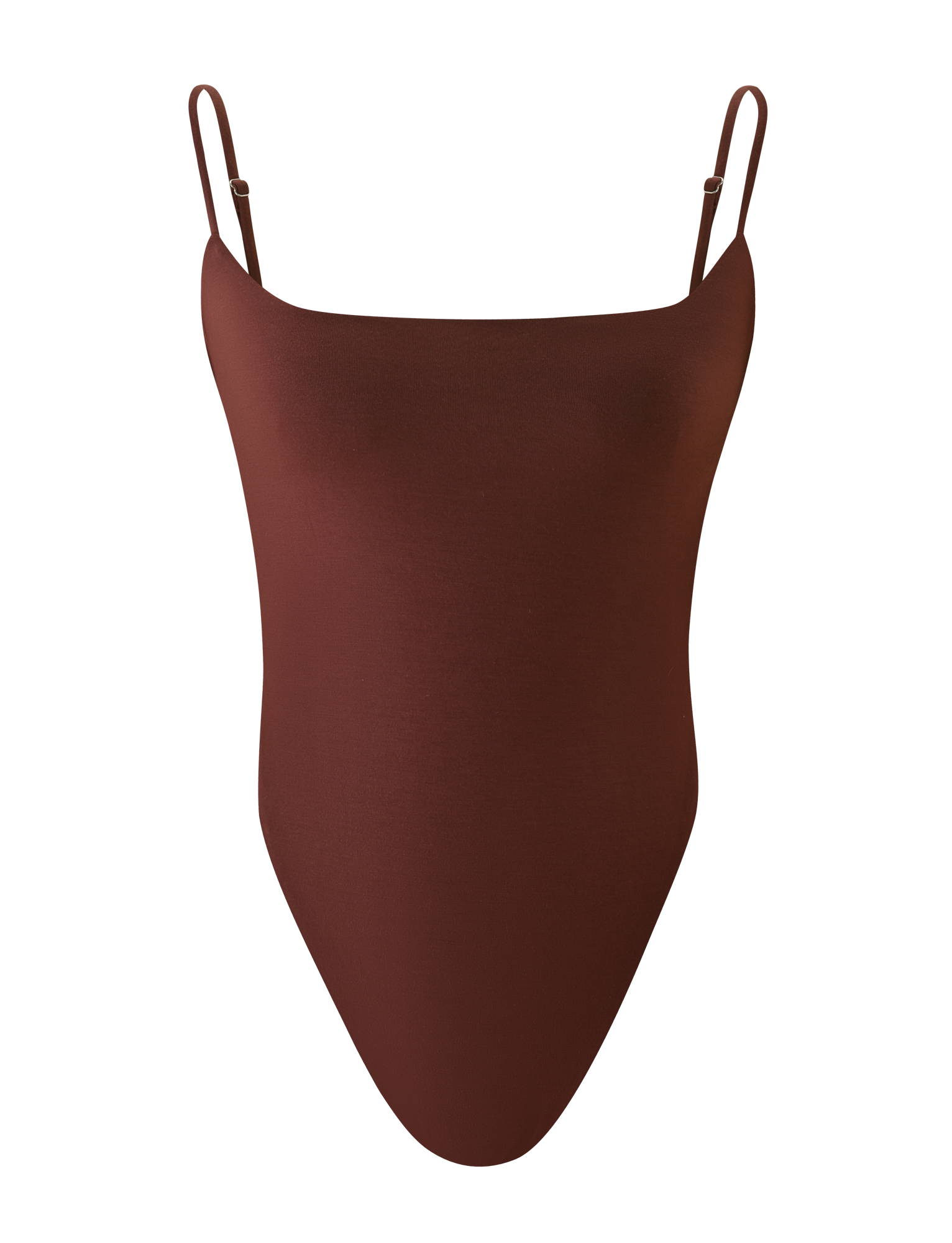 The TIGERMIST MINERVA BODYSUIT in chocolate is a sleeveless, backless one-piece with thin adjustable straps and a G-string bottom, shown against a white background.