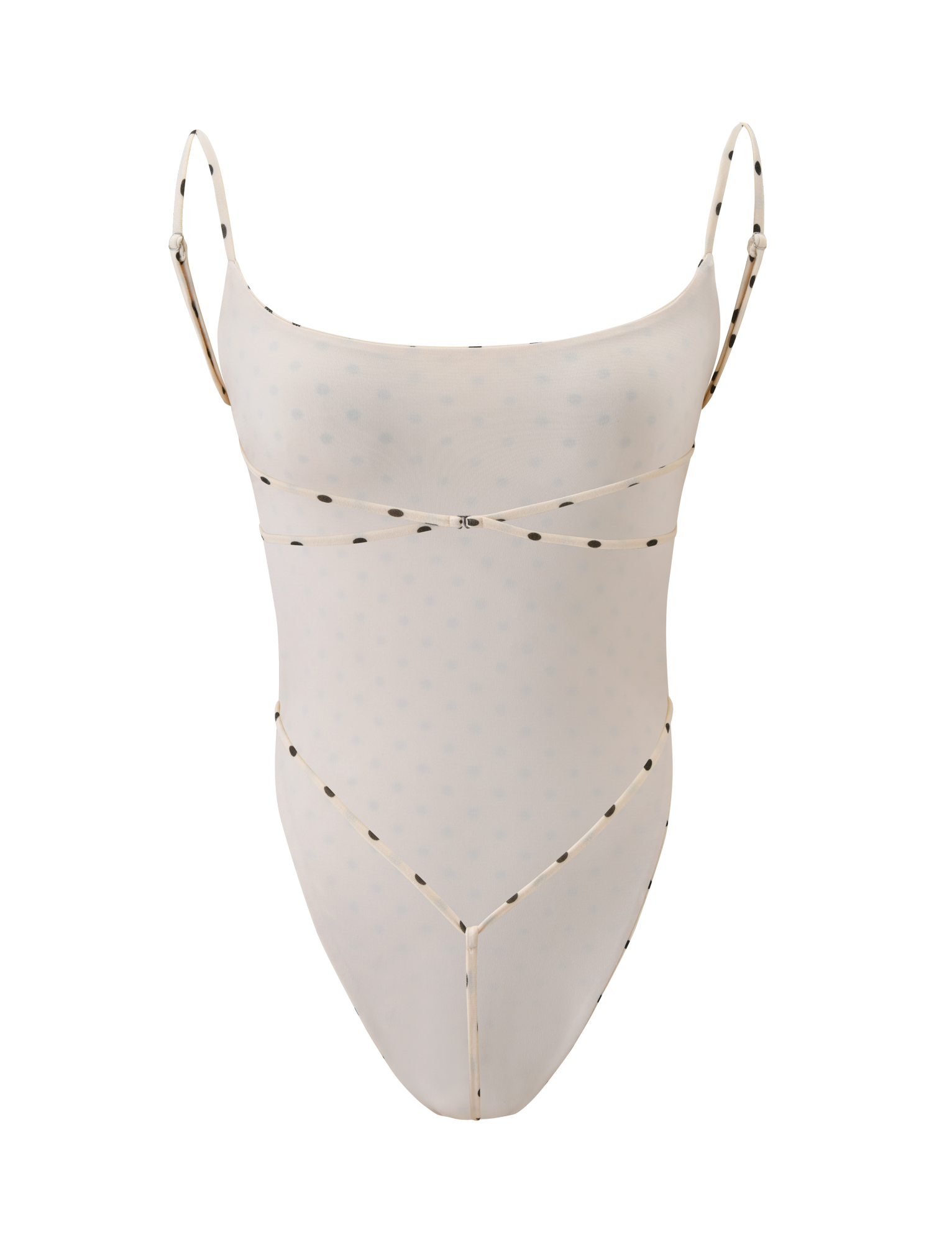 The MINERVA BODYSUIT - CREAM DOT by TIGERMIST features a sheer, light beige design with thin adjustable straps, a subtle dotted pattern, bodycon silhouette, high-cut leg, and minimalistic style.