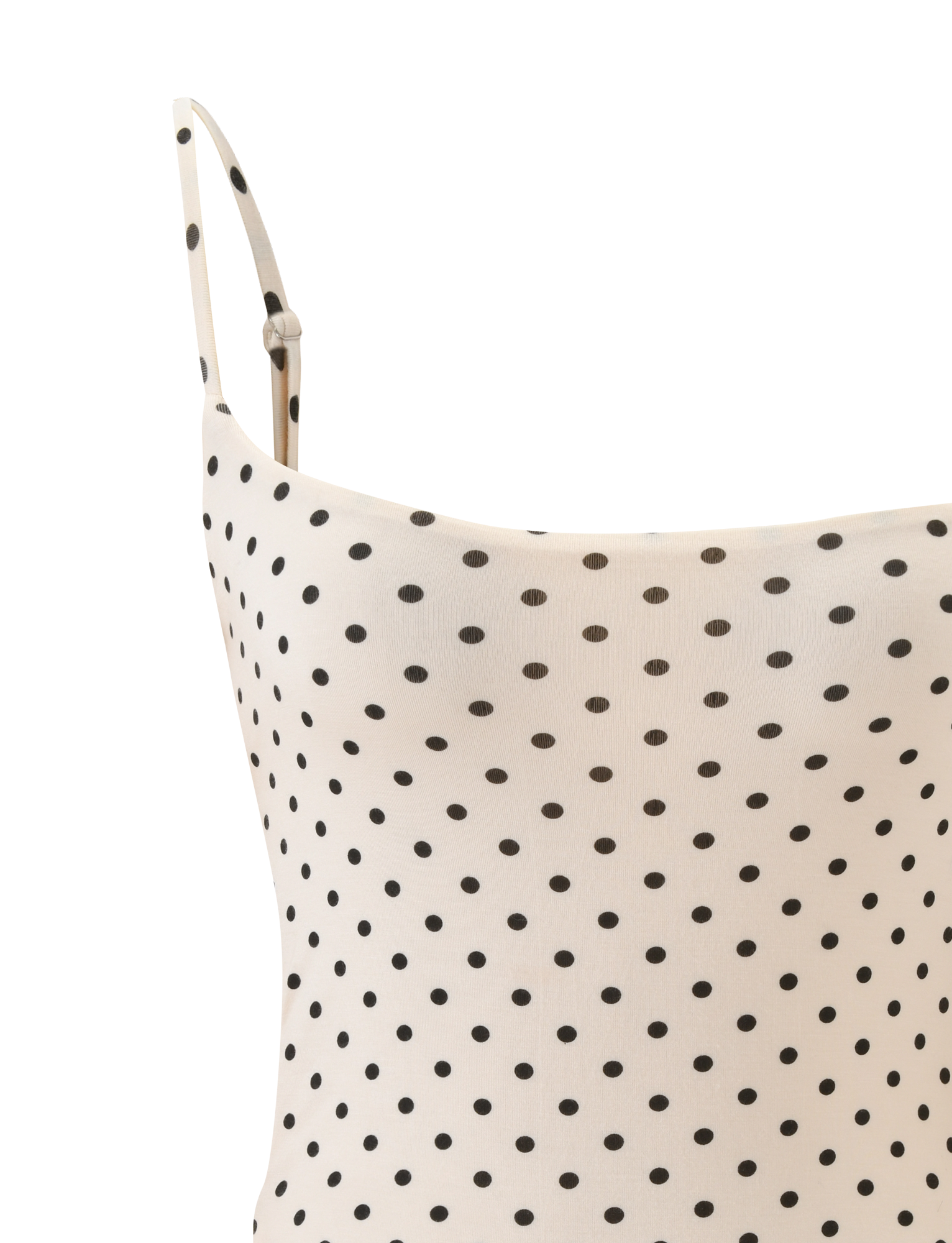 Close-up of the TIGERMIST MINERVA BODYSUIT - CREAM DOT, featuring thin adjustable straps and a black polka dot pattern, highlighting its chic bodycon silhouette against a white background.