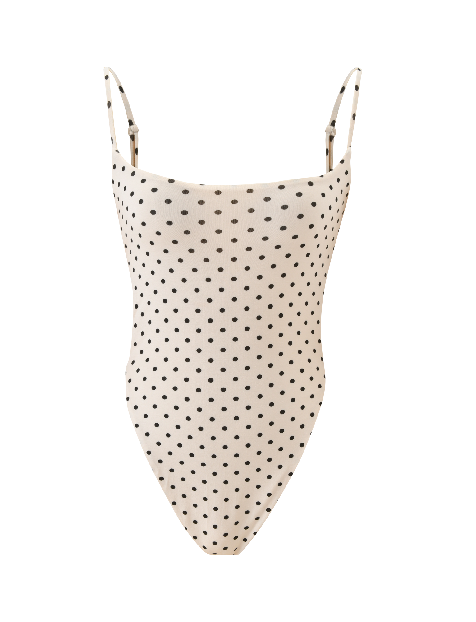 The MINERVA BODYSUIT - CREAM DOT by TIGERMIST is a white one-piece with thin shoulder straps, black polka dots, and a bodycon fit, shown against a plain white background.