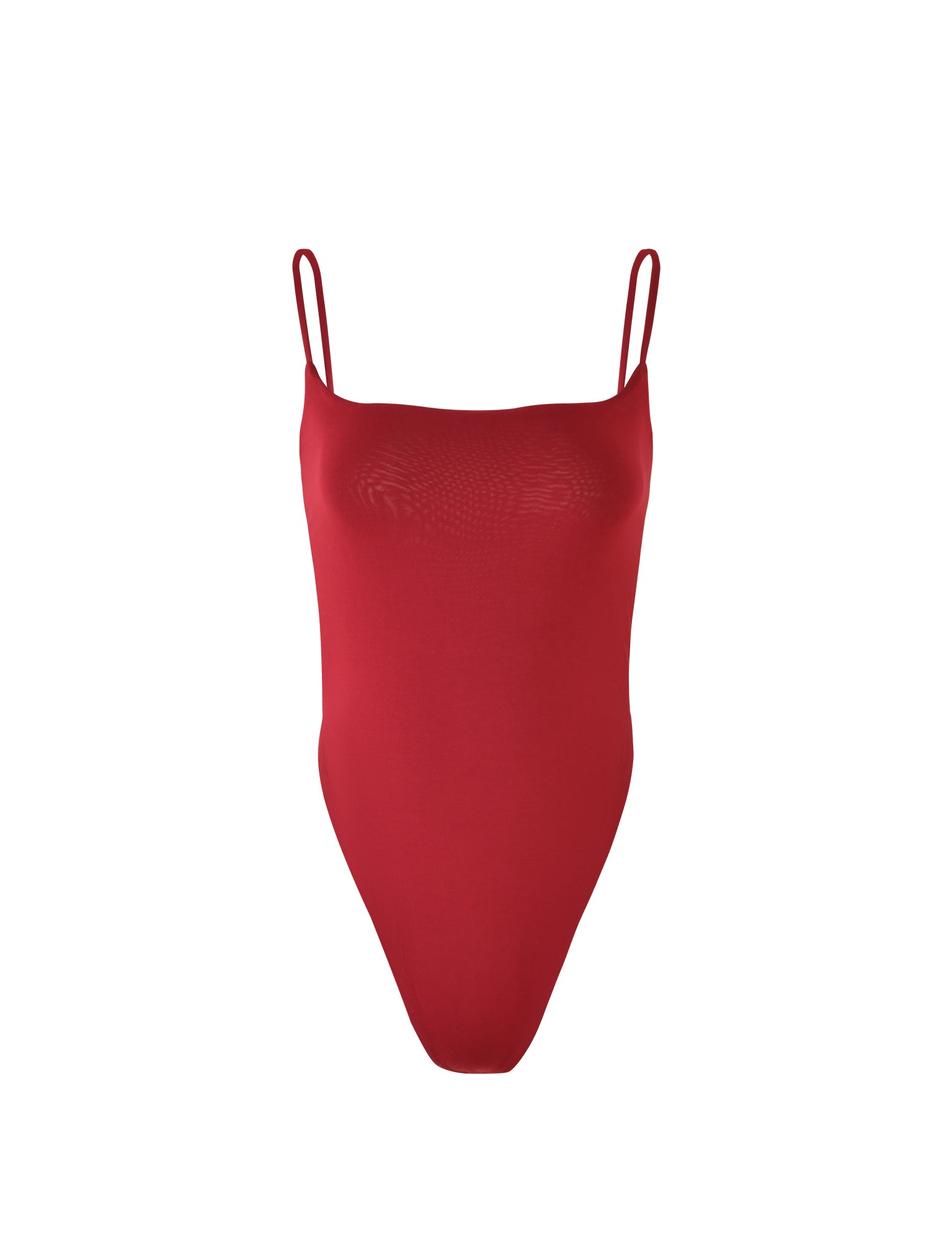 The MINERVA BODYSUIT - RED from TIGERMIST features thin spaghetti straps and a high-cut leg design. The smooth, stretchable fabric ensures a snug fit, and the garment is displayed against a plain white background.