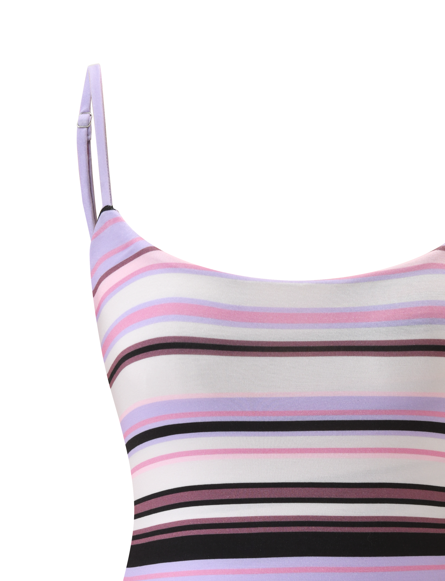 The MINERVA BODYSUIT - PURPLE STRIPE by TIGERMIST is a purple backless bodysuit with thin, adjustable straps and horizontal pastel stripes in pink, purple, white, and black, shown against a plain white background.