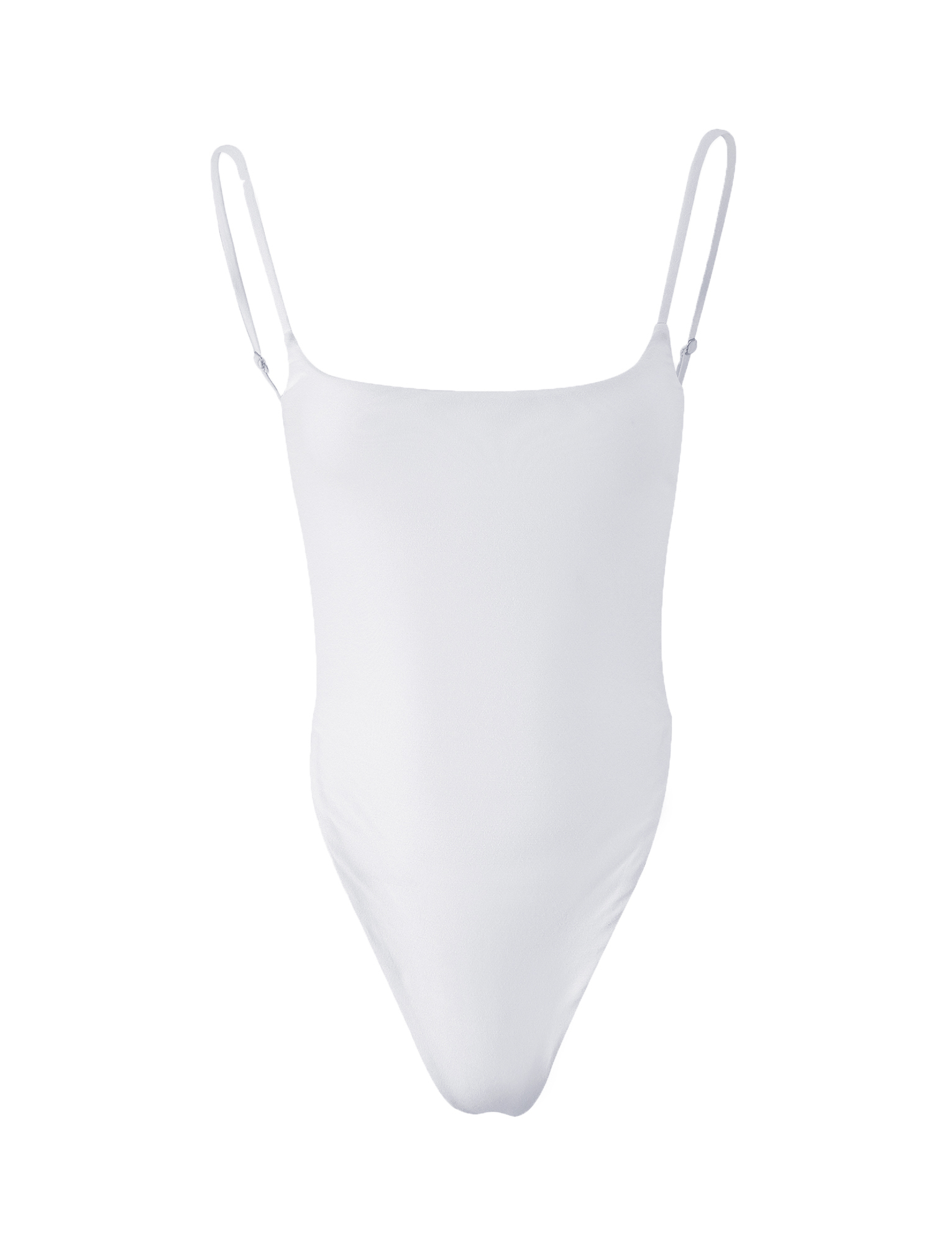 The TIGERMIST MINERVA BODYSUIT - WHITE is a sleek, minimalist one-piece swimsuit with thin adjustable straps and a bodycon silhouette, shown on a white background.