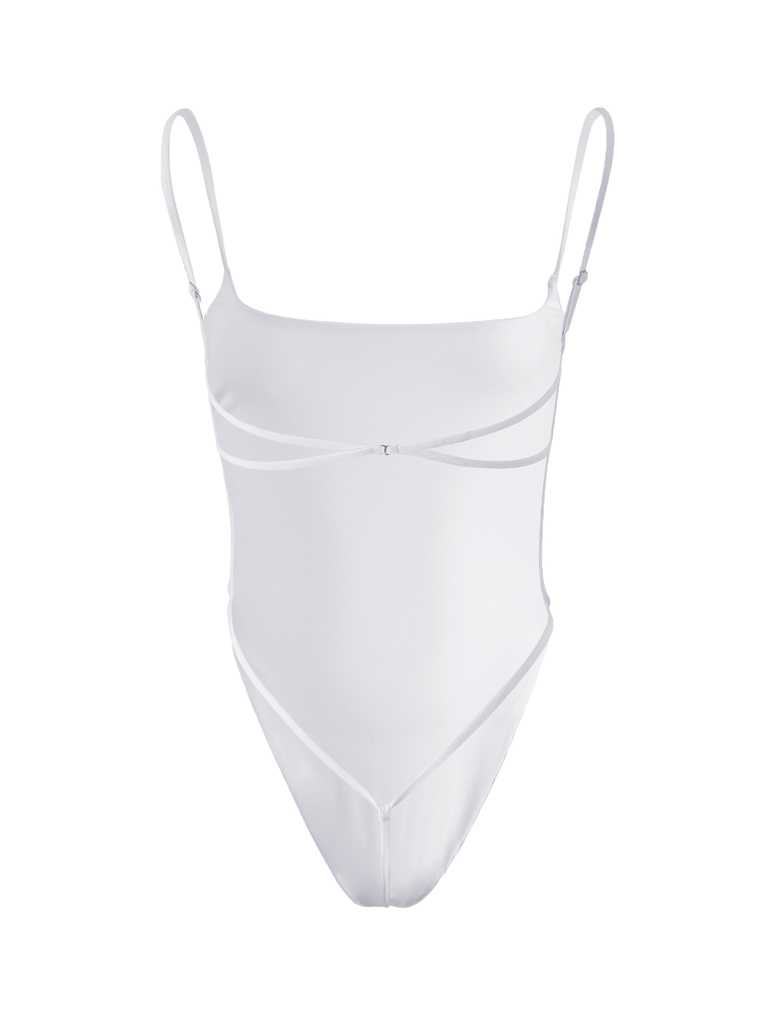 The TIGERMIST MINERVA BODYSUIT - WHITE is a sleek, minimalist one-piece with thin spaghetti straps, a straight neckline, and subtle seam details for a flattering bodycon silhouette.