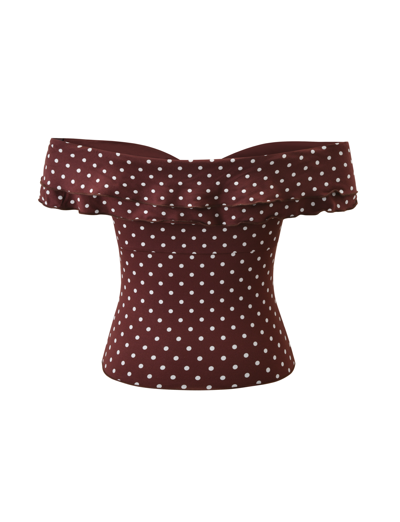 The DENALI TOP - BROWN DOT by TIGERMIST features a dark brown polka dot design with a ruffled off-the-shoulder neckline and sleeves, made from soft modal fabric and shown on a plain white background.