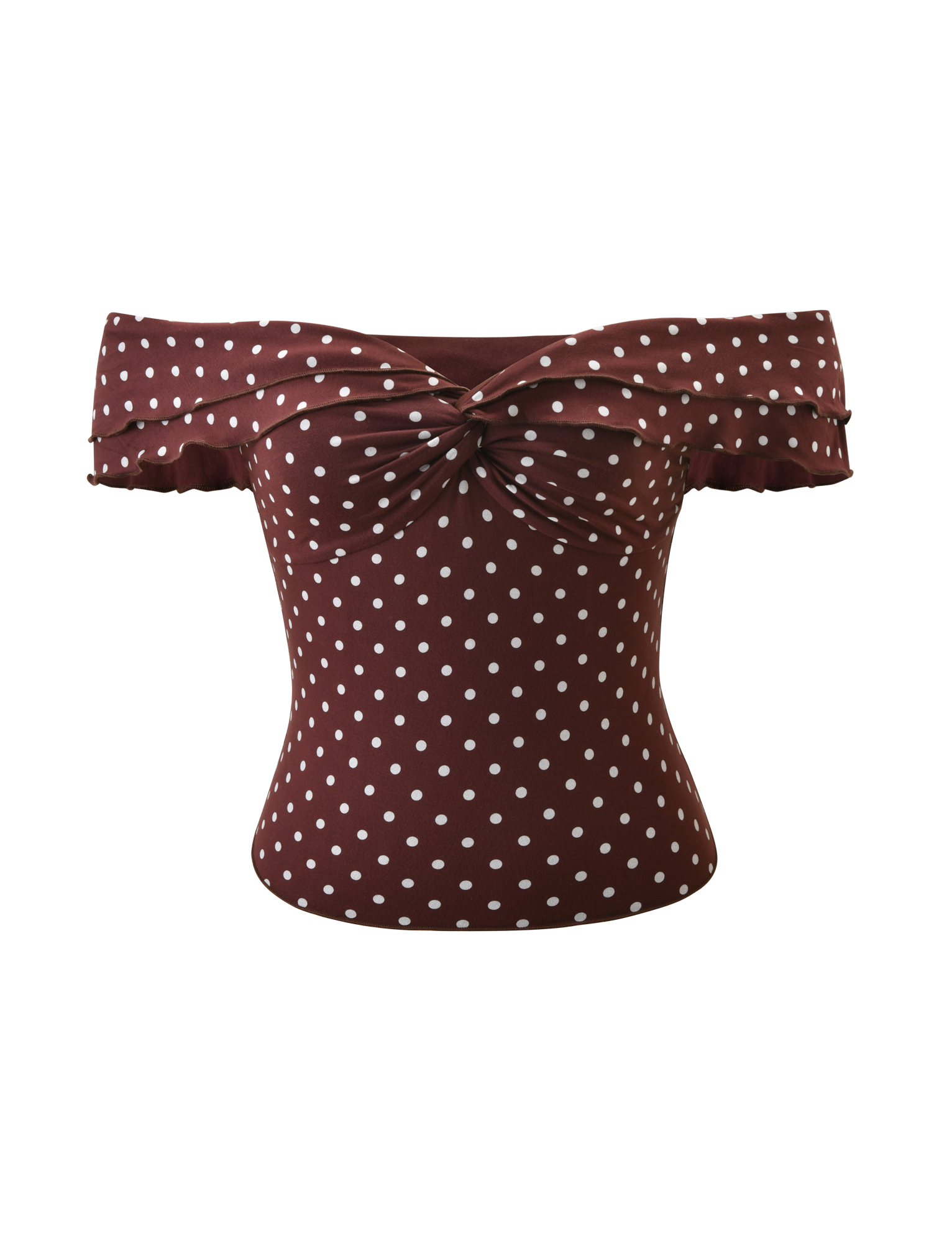 The DENALI TOP - BROWN DOT by TIGERMIST features a stylish off-shoulder design with polka dots, a knotted front, ruffled sleeves, and is crafted from soft modal fabric for superior comfort.