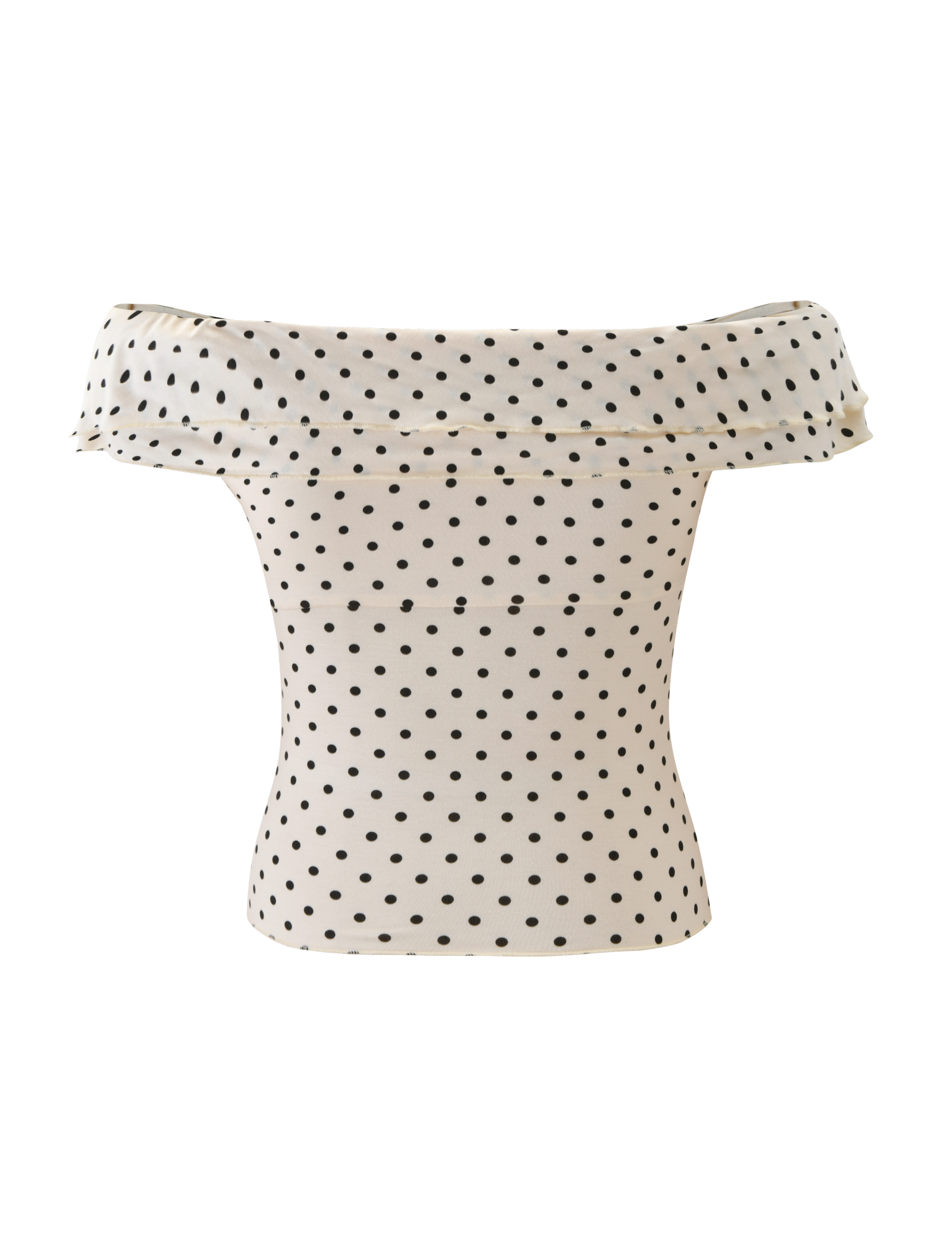 The TIGERMIST DENALI TOP - CREAM DOT is an off-shoulder cream top with black polka dots, featuring a wide neckline and fitted silhouette, shown on a plain white background.