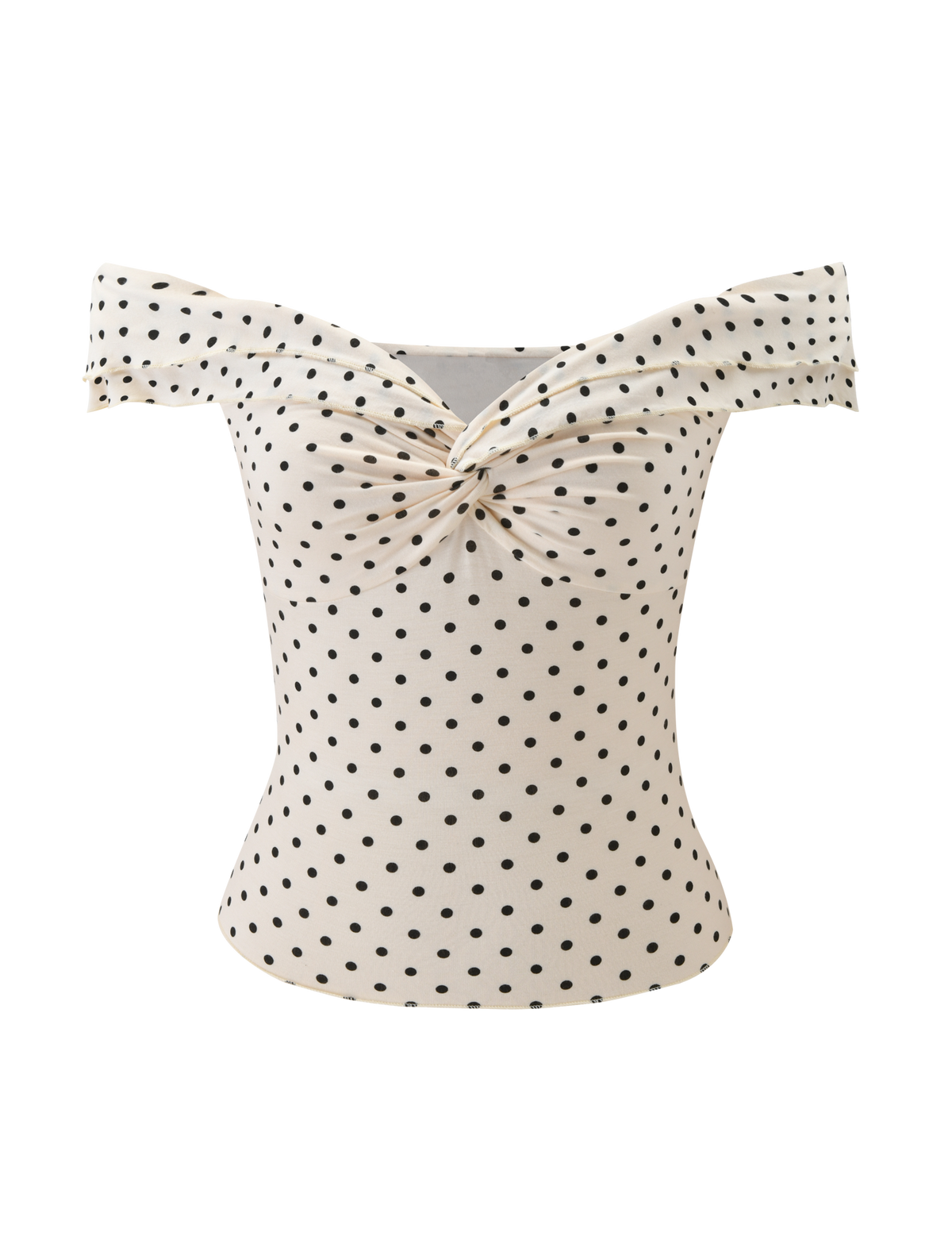 The DENALI TOP - CREAM DOT by TIGERMIST is an off-shoulder, cream piece with playful polka dots, a twisted knot at the bust, and a flattering fitted silhouette.