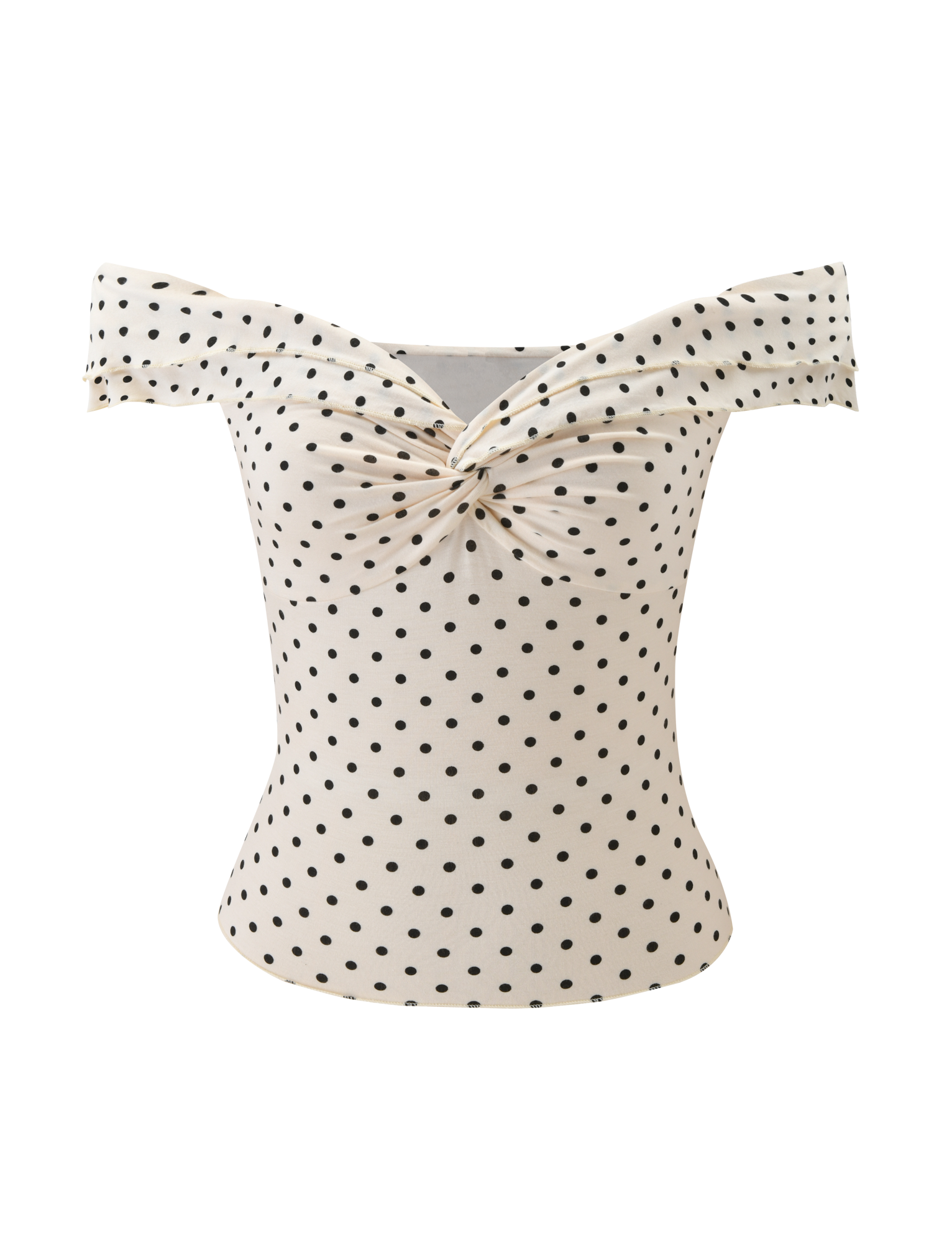 The DENALI TOP - CREAM DOT by TIGERMIST is an off-shoulder, cream piece with playful polka dots, a twisted knot at the bust, and a flattering fitted silhouette.