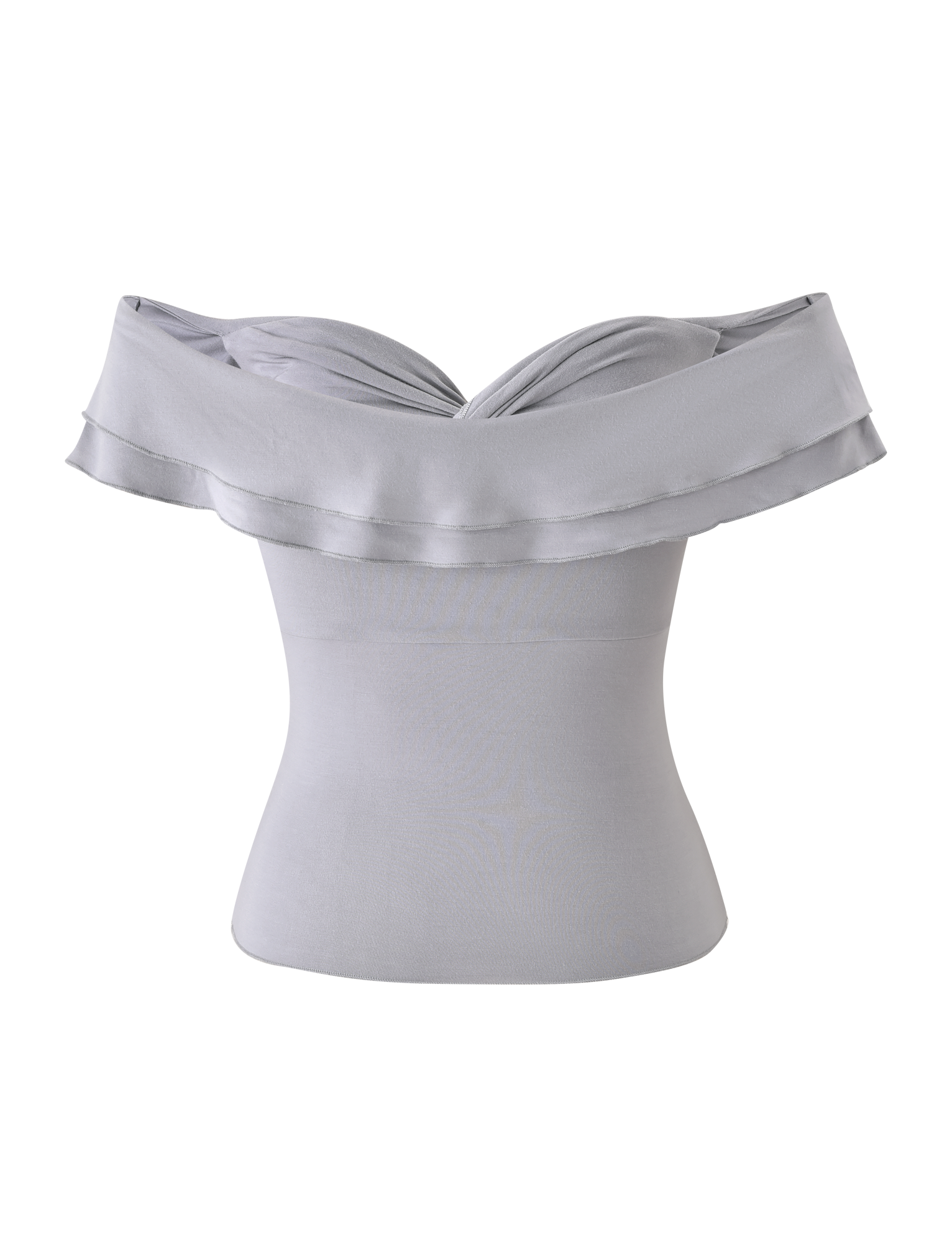 The DENALI TOP - DOVE GREY by TIGERMIST features an off-shoulder, folded draped neckline and fitted bodice in shiny, structured modal fabric. Shown on a plain white background.