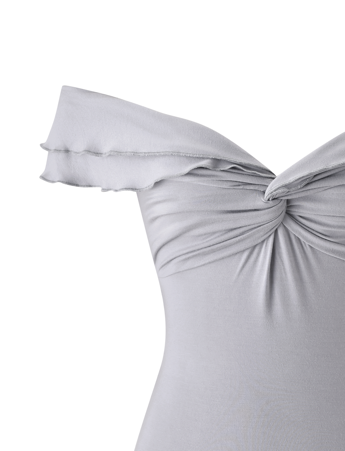 Close-up of the DENALI TOP in Dove Grey by TIGERMIST, crafted from soft, stretchy modal with an off-the-shoulder fit, twisted knot bust detail, and ruffled neckline for an elegant touch.