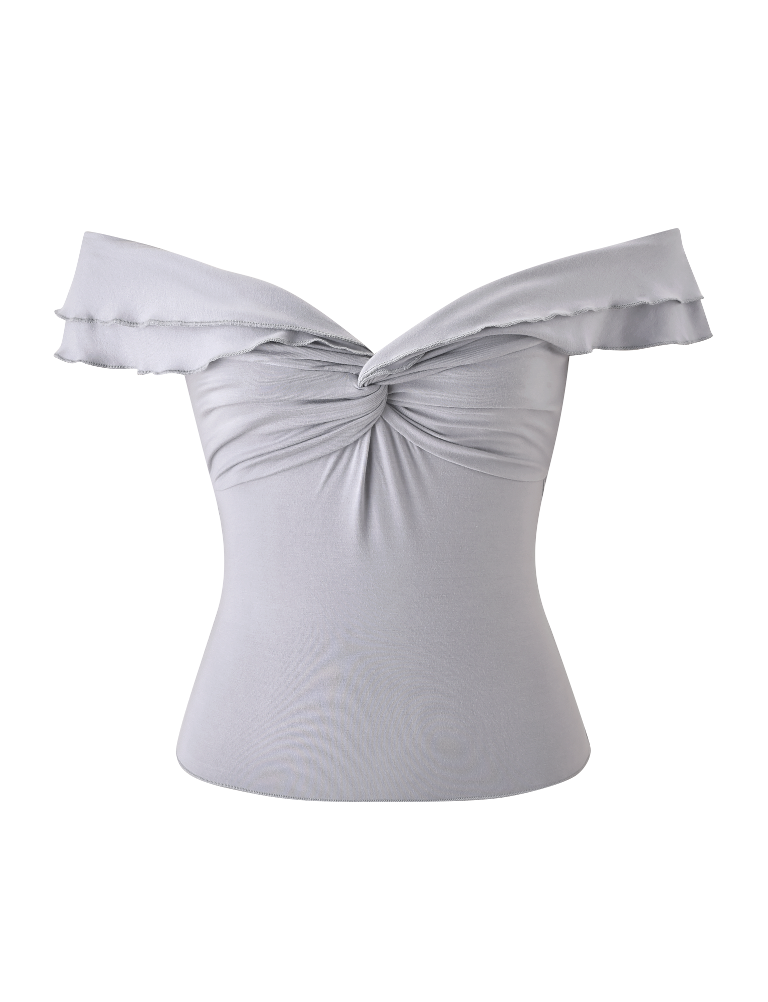 The DENALI TOP in dove grey by TIGERMIST is an off-the-shoulder, soft modal top with a front twisted knot and ruffled sleeves, displayed against a white background.