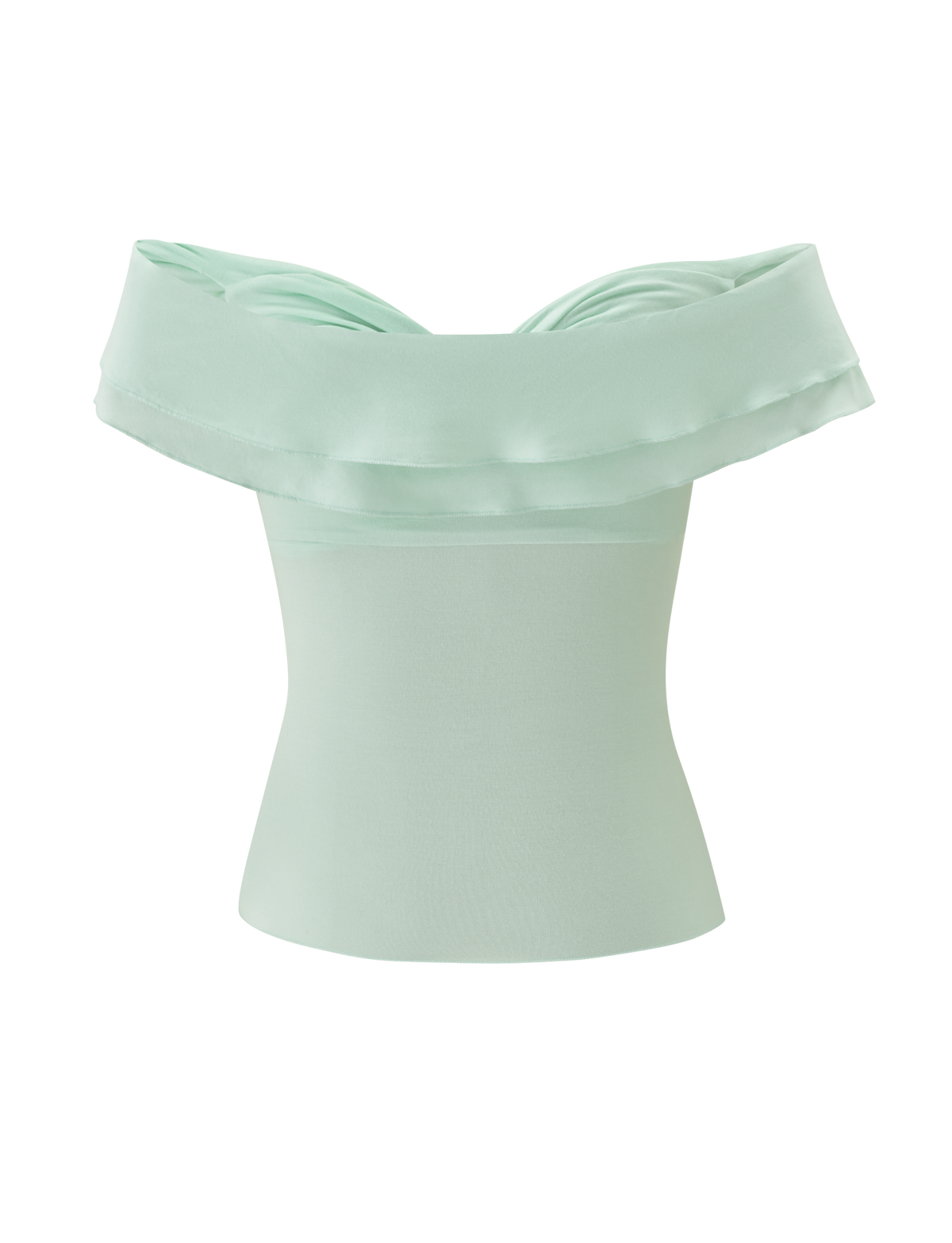 The DENALI TOP in Soft Mint by TIGERMIST is an off-the-shoulder top crafted from soft modal fabric, showcasing a wide layered neckline and fitted bodice, displayed on a plain white background.