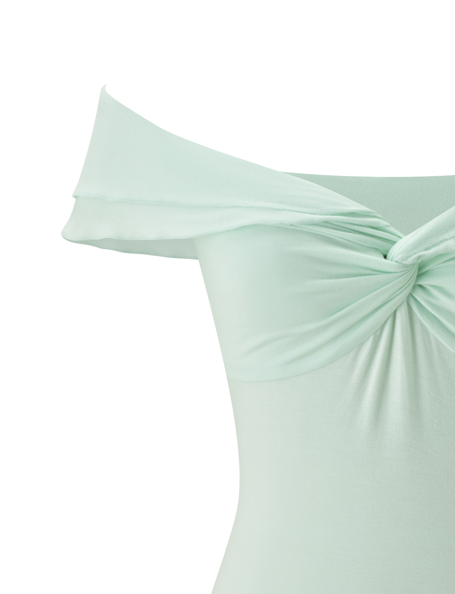 Close-up of the TIGERMIST DENALI TOP in soft mint, featuring an off-shoulder design with ruffled sleeves and a twisted knot front, made from soft modal fabric, shown against a plain white background.