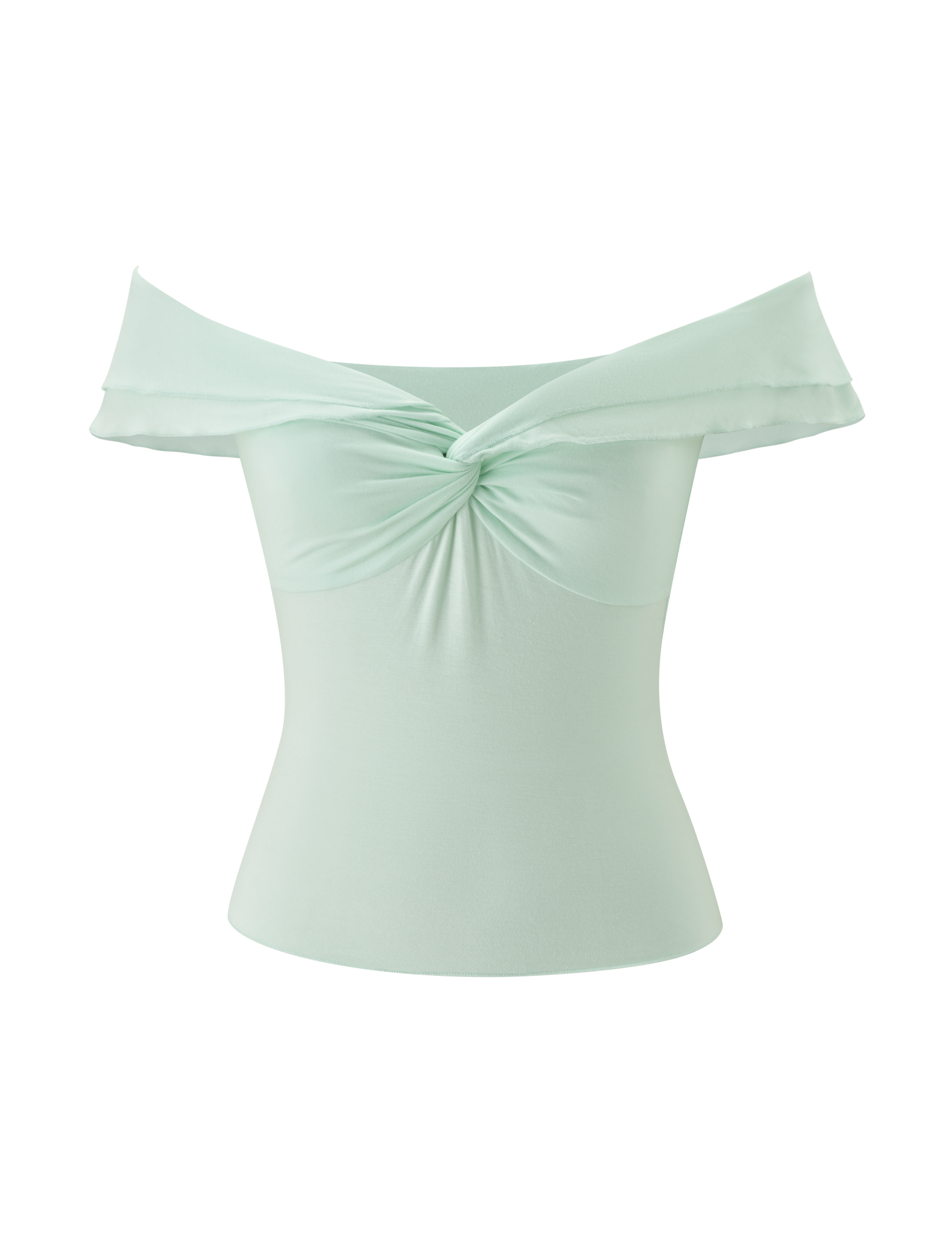 The DENALI TOP - SOFT MINT by TIGERMIST is an off-shoulder, mint green top with a twisted center knot, draped neckline, and fitted silhouette. Made from smooth modal fabric for a subtle sheen.