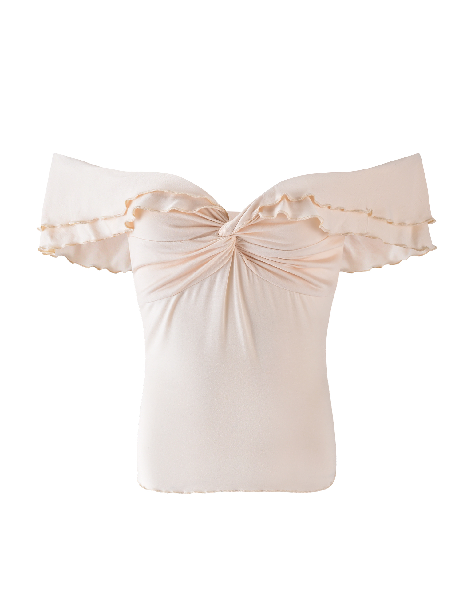 The DENALI TOP - NEUTRAL : BONE by TIGERMIST is an off-shoulder light beige jersey top with a twisted front and ruffled sleeves, shown against a white background.