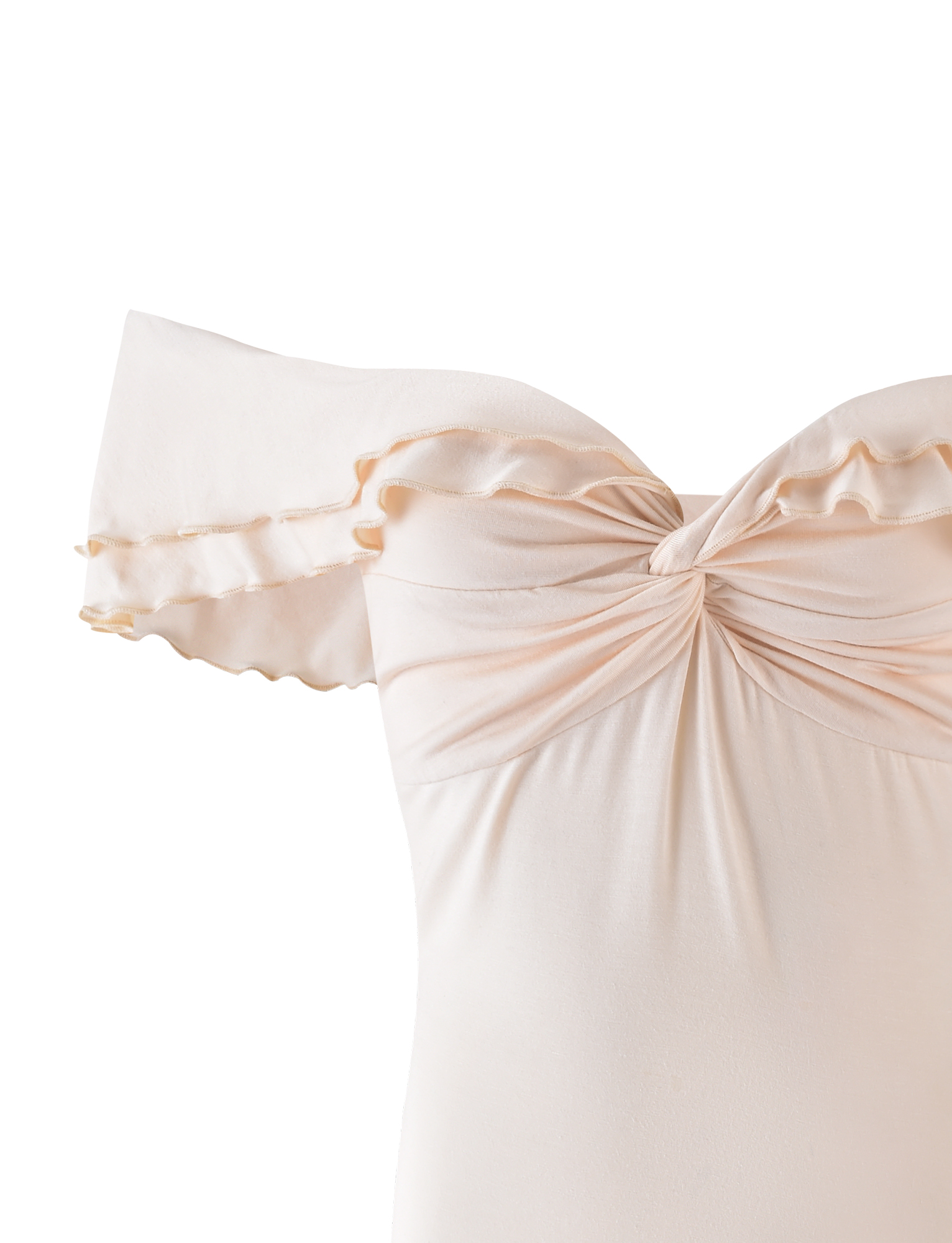 The DENALI TOP in Bone by TIGERMIST is an off-the-shoulder neutral top made from buttery jersey, featuring ruffled short sleeves and a gathered twist at the neckline, shown against a white background.