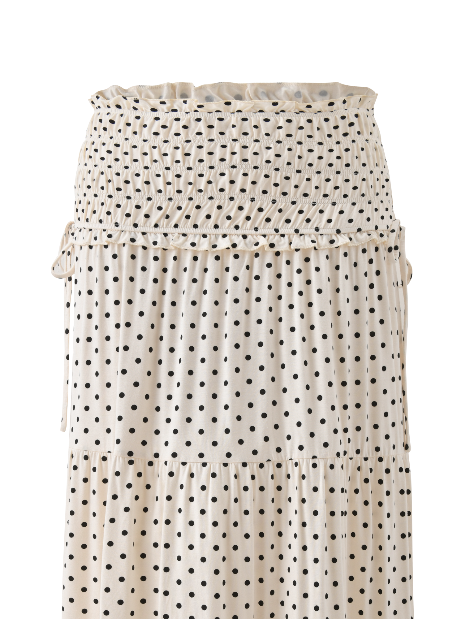 The TIGERMIST DENALI MAXI SKIRT - CREAM DOT features a cream polka dot print, smocked waistband, and tiered design, made from soft modal fabric for comfortable all-day wear.